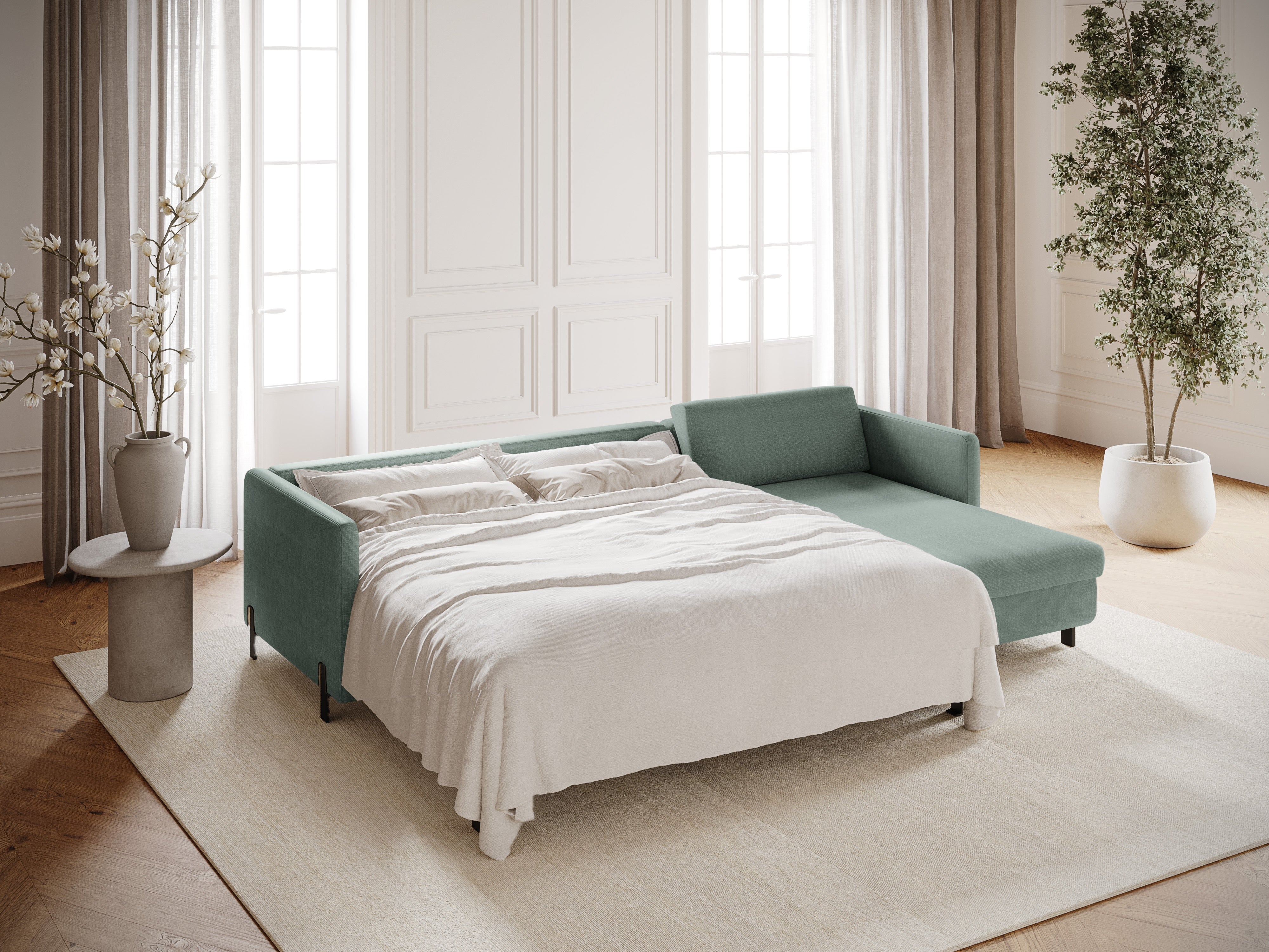 Right Corner Sofa with Bed Function and Box, "Gloria", 5 Seats, Mint, 280x170x80
Made in Europe