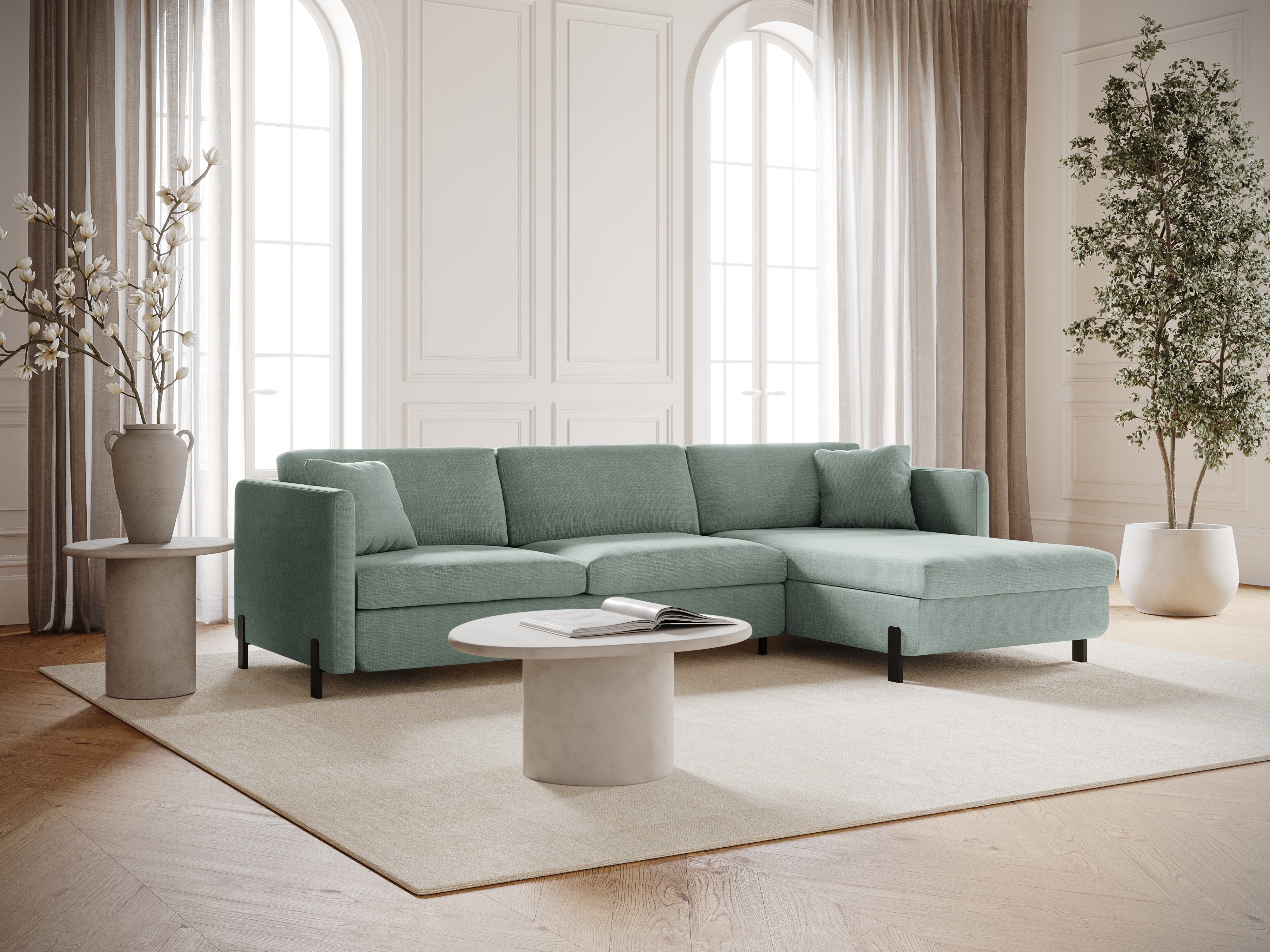 Right Corner Sofa with Bed Function and Box, "Gloria", 5 Seats, Mint, 280x170x80
Made in Europe