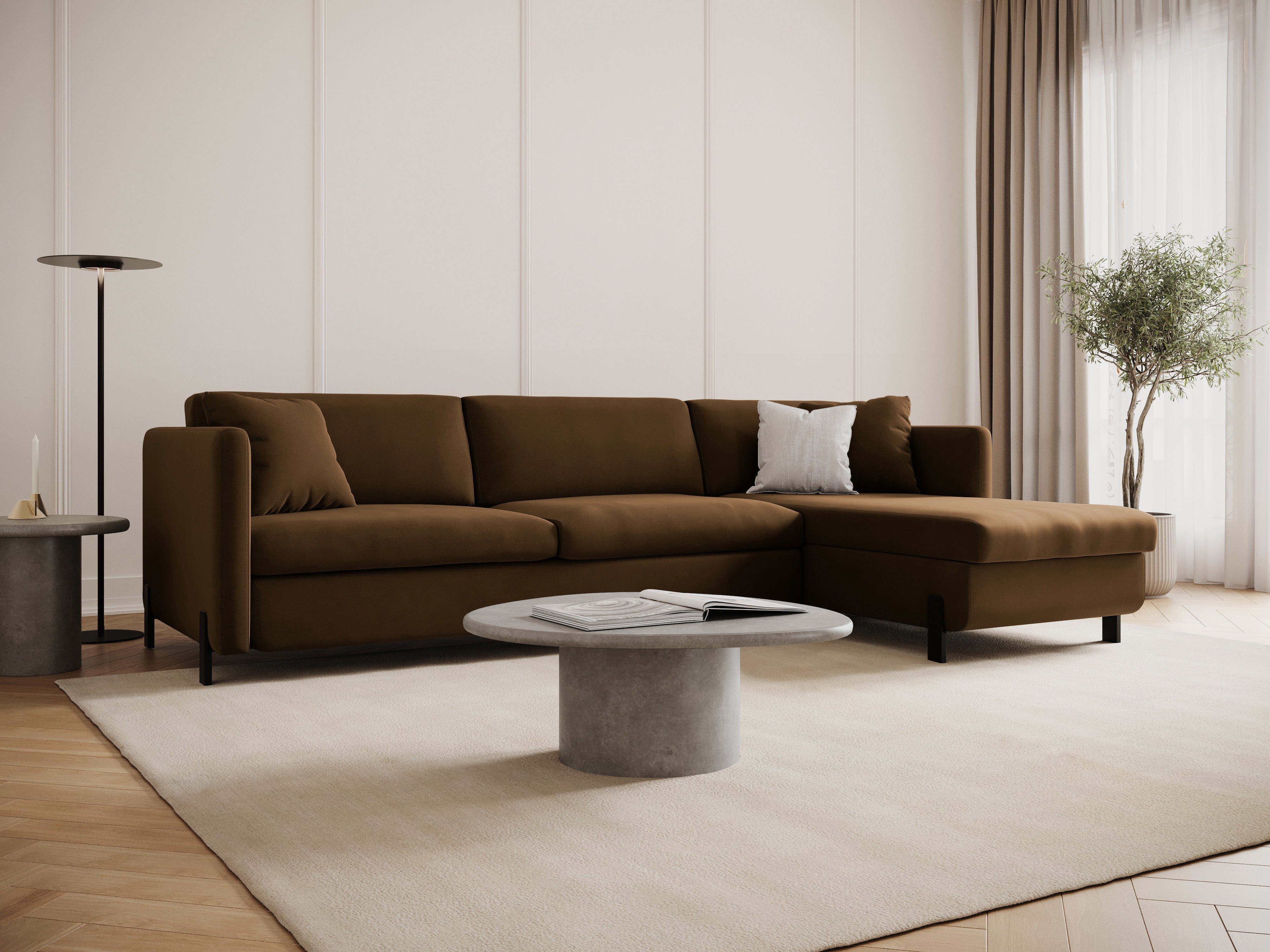 Velvet Right Corner Sofa with Bed Function, "Gloria", 4 Seats, Chocolate, 260x170x80
Made in Europe