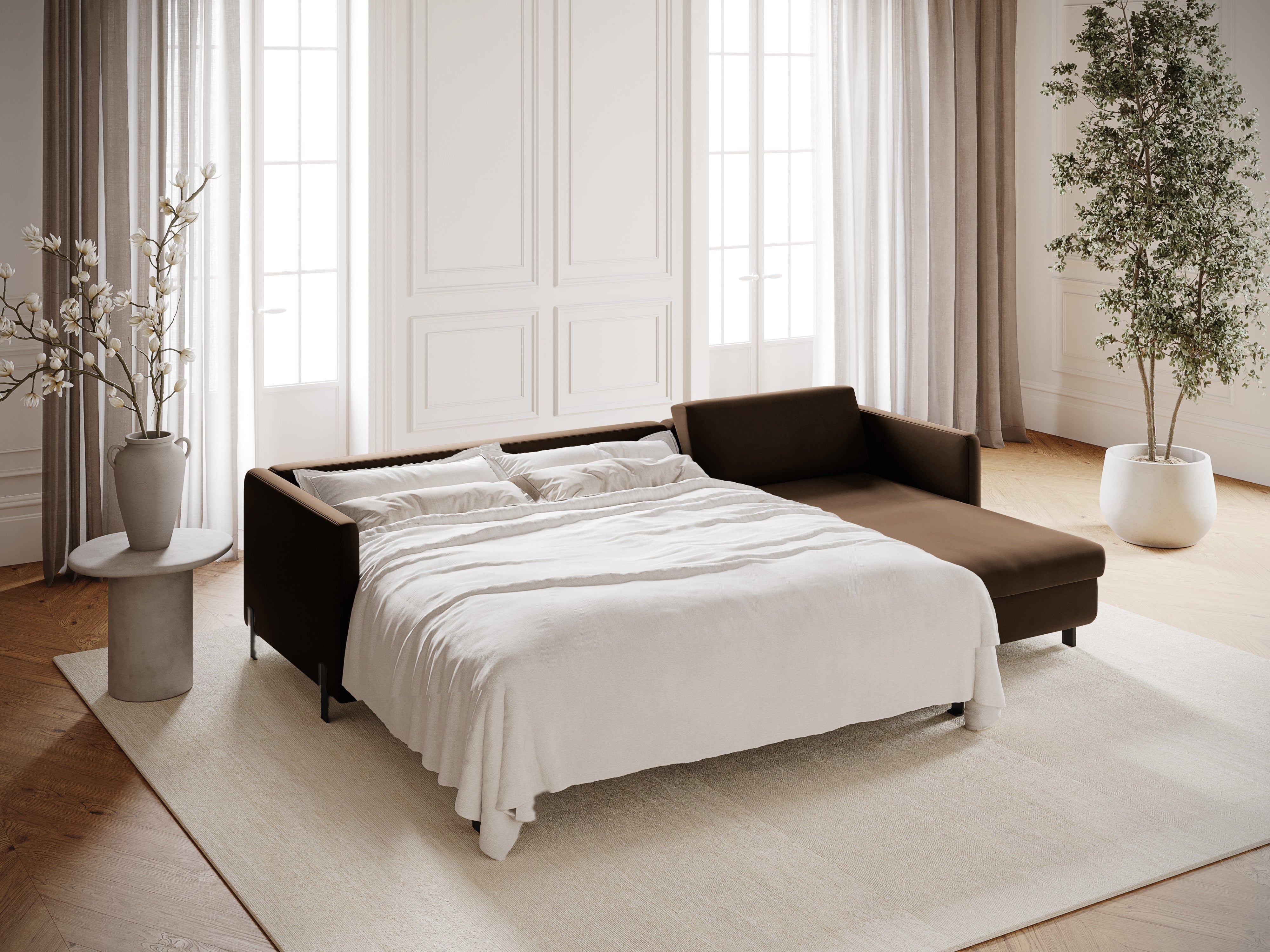 Velvet Right Corner Sofa with Bed Function, "Gloria", 4 Seats, Chocolate, 260x170x80
Made in Europe