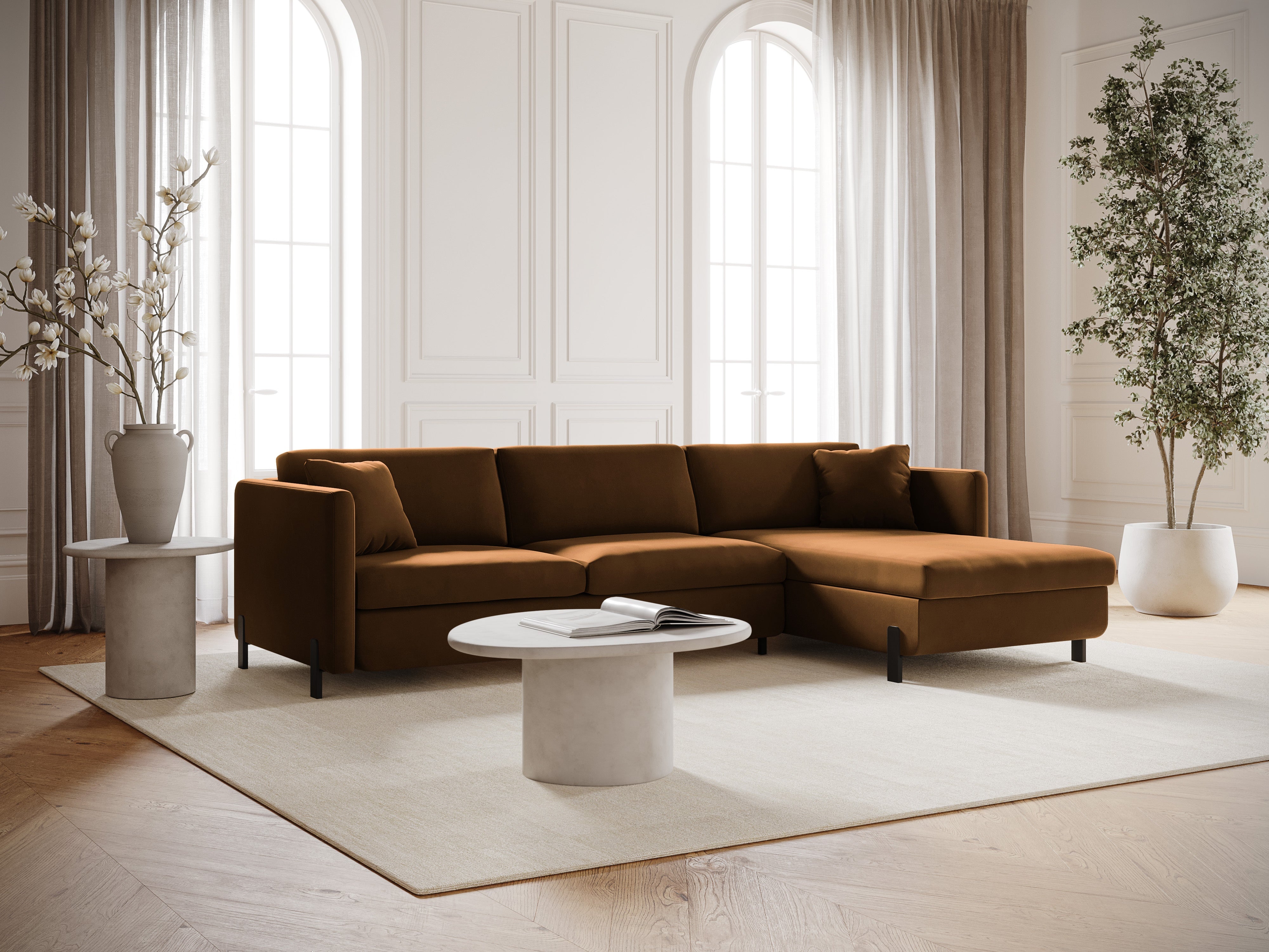 Velvet Right Corner Sofa with Bed Function, "Gloria", 4 Seats, Brown, 260x170x80
Made in Europe