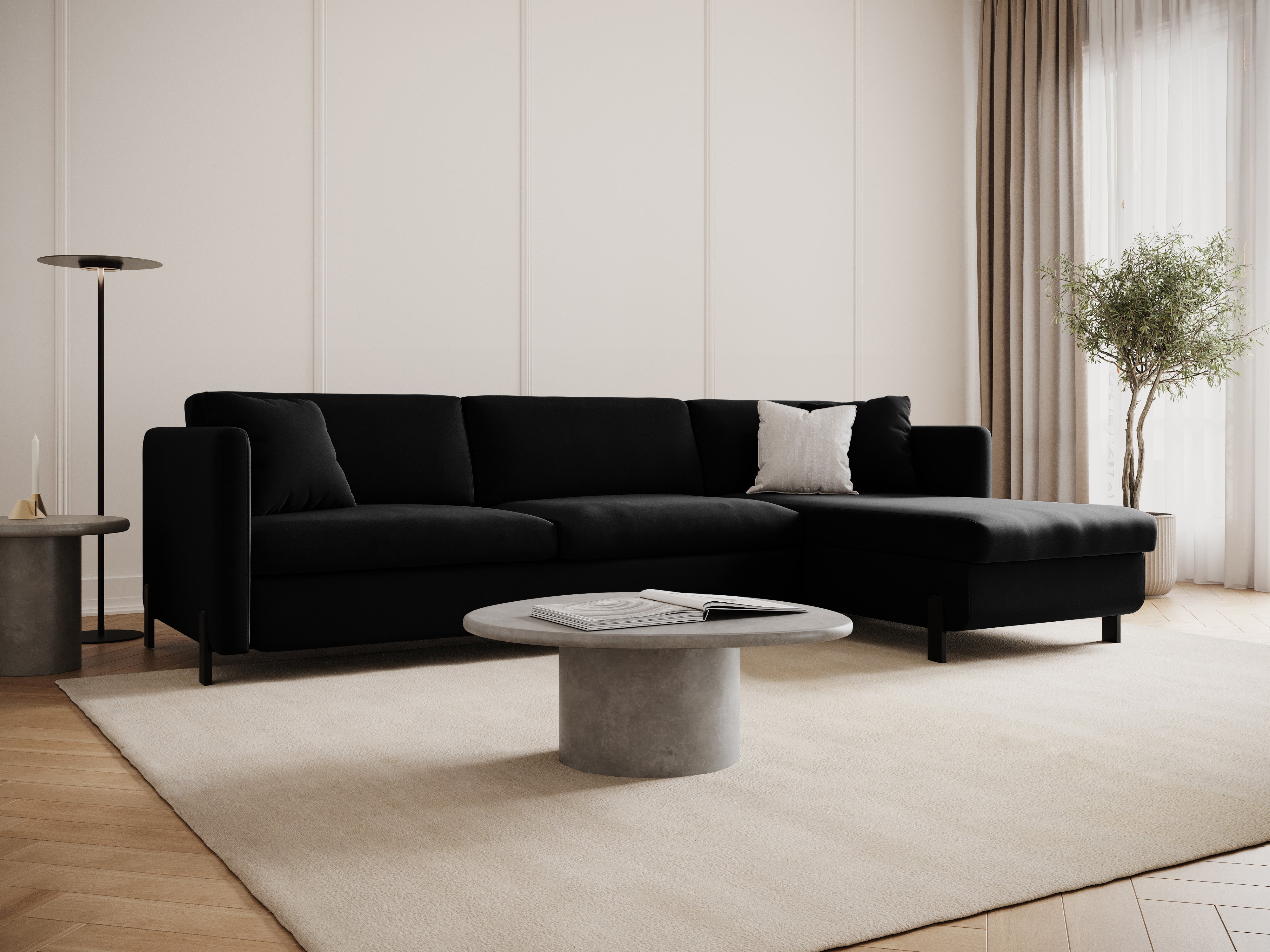 Velvet Right Corner Sofa with Bed Function, "Gloria", 4 Seats, Black, 260x170x80
Made in Europe