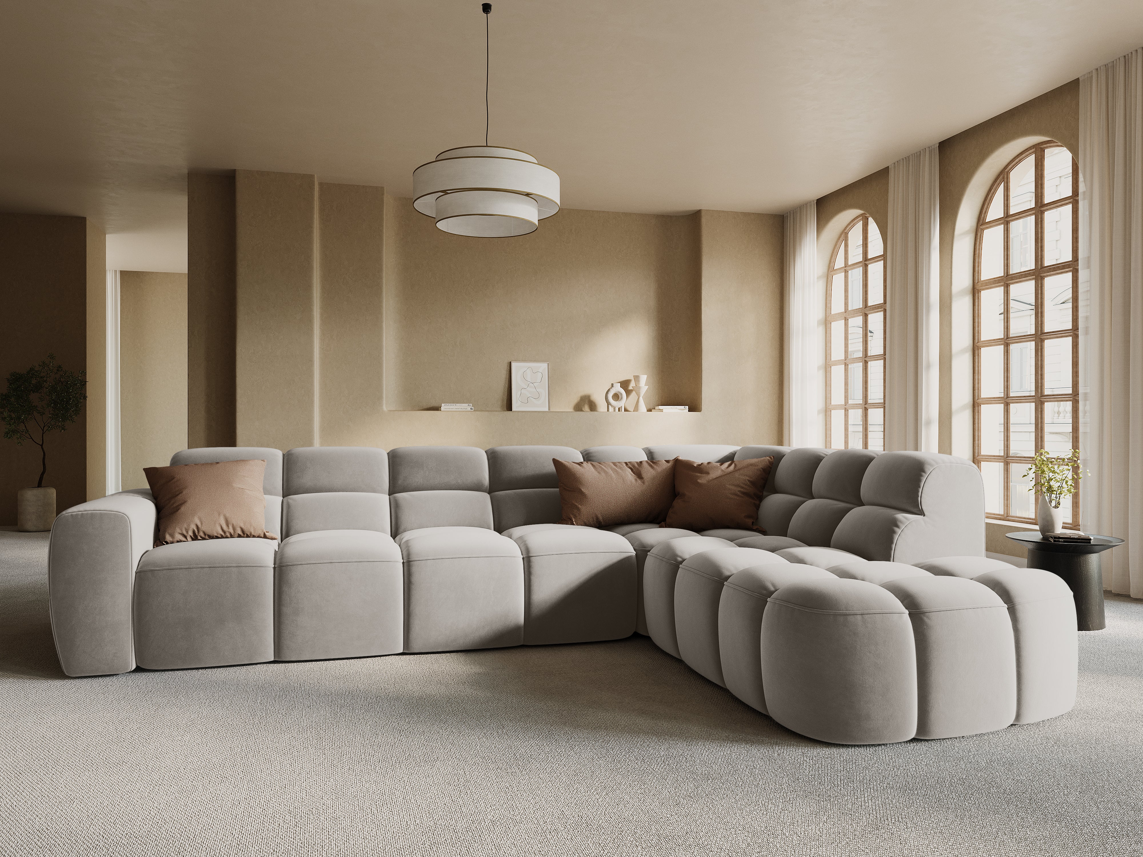 Right-facing velvet corner sofa LISA light beige