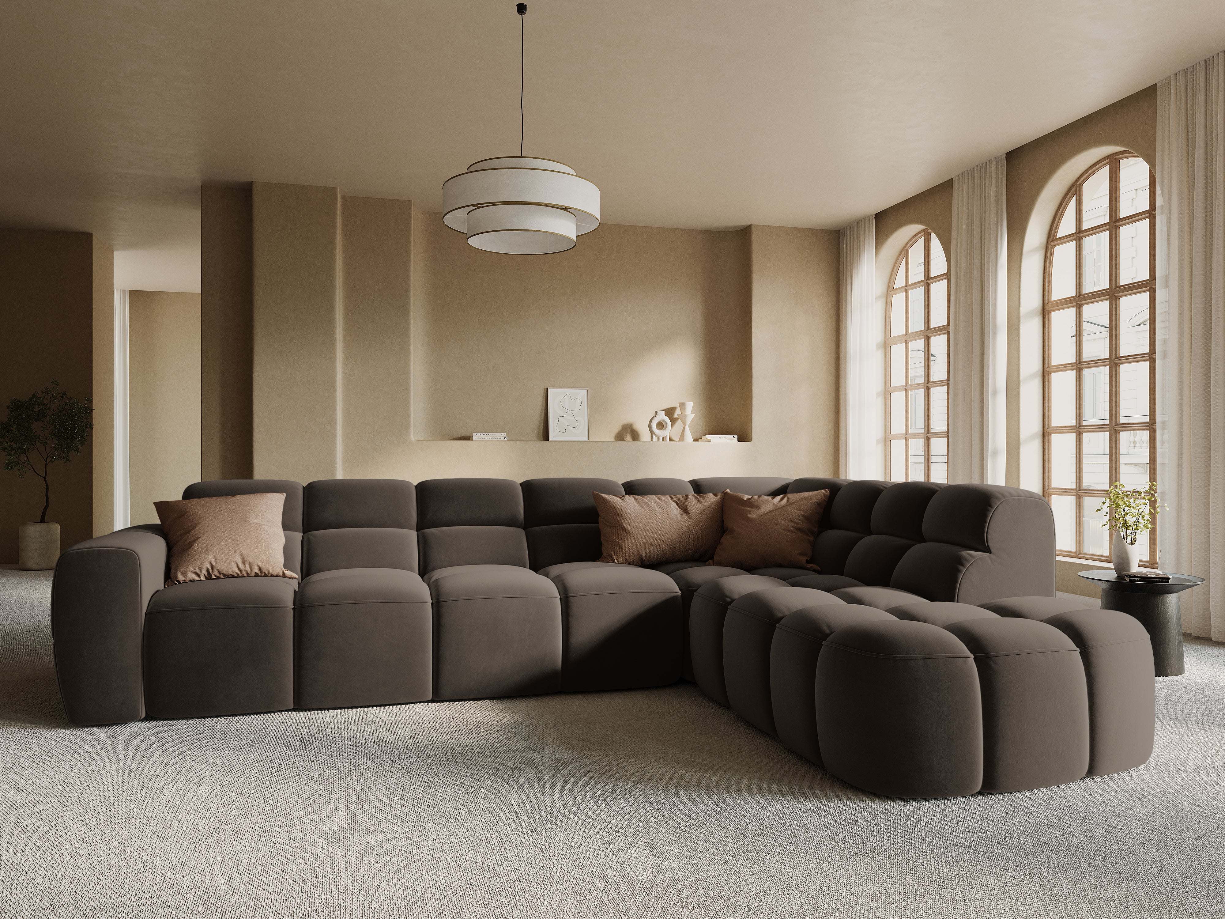 Right-facing velvet corner sofa LISA light brown