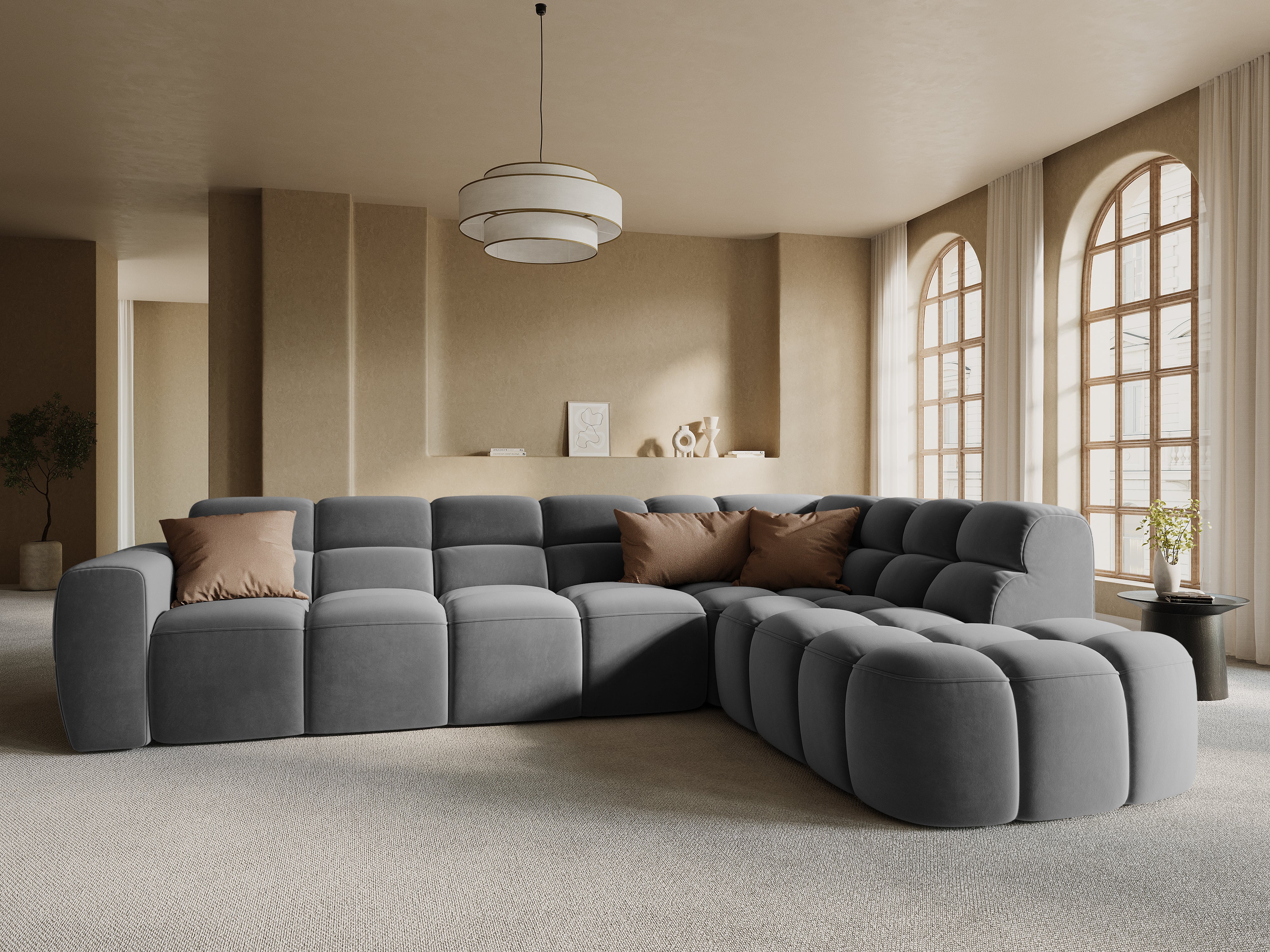 Right-facing velvet corner sofa LISA light gray