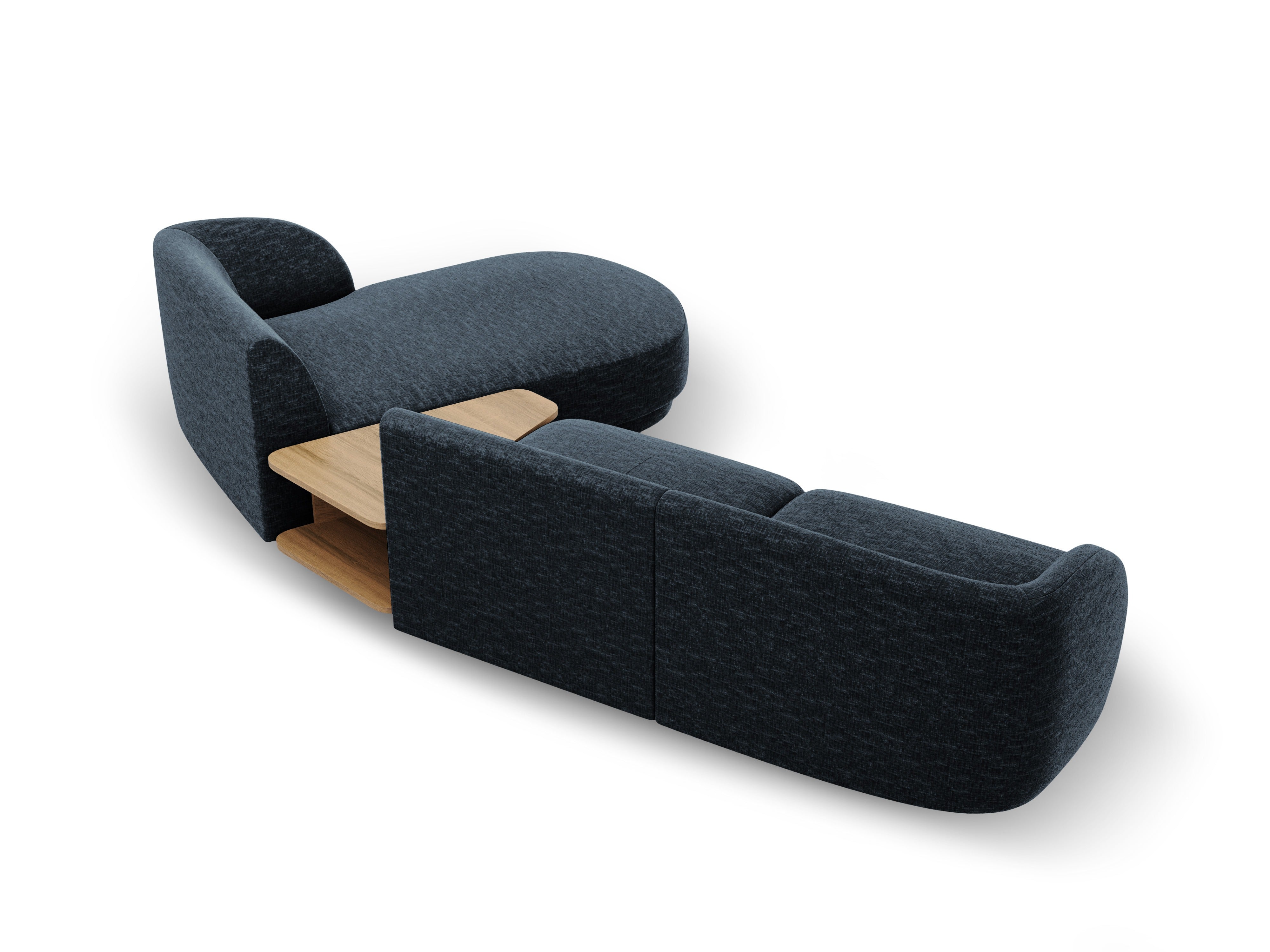 Modular corner sofa with table 3-seater right-facing MILEY royal blue silky chenille