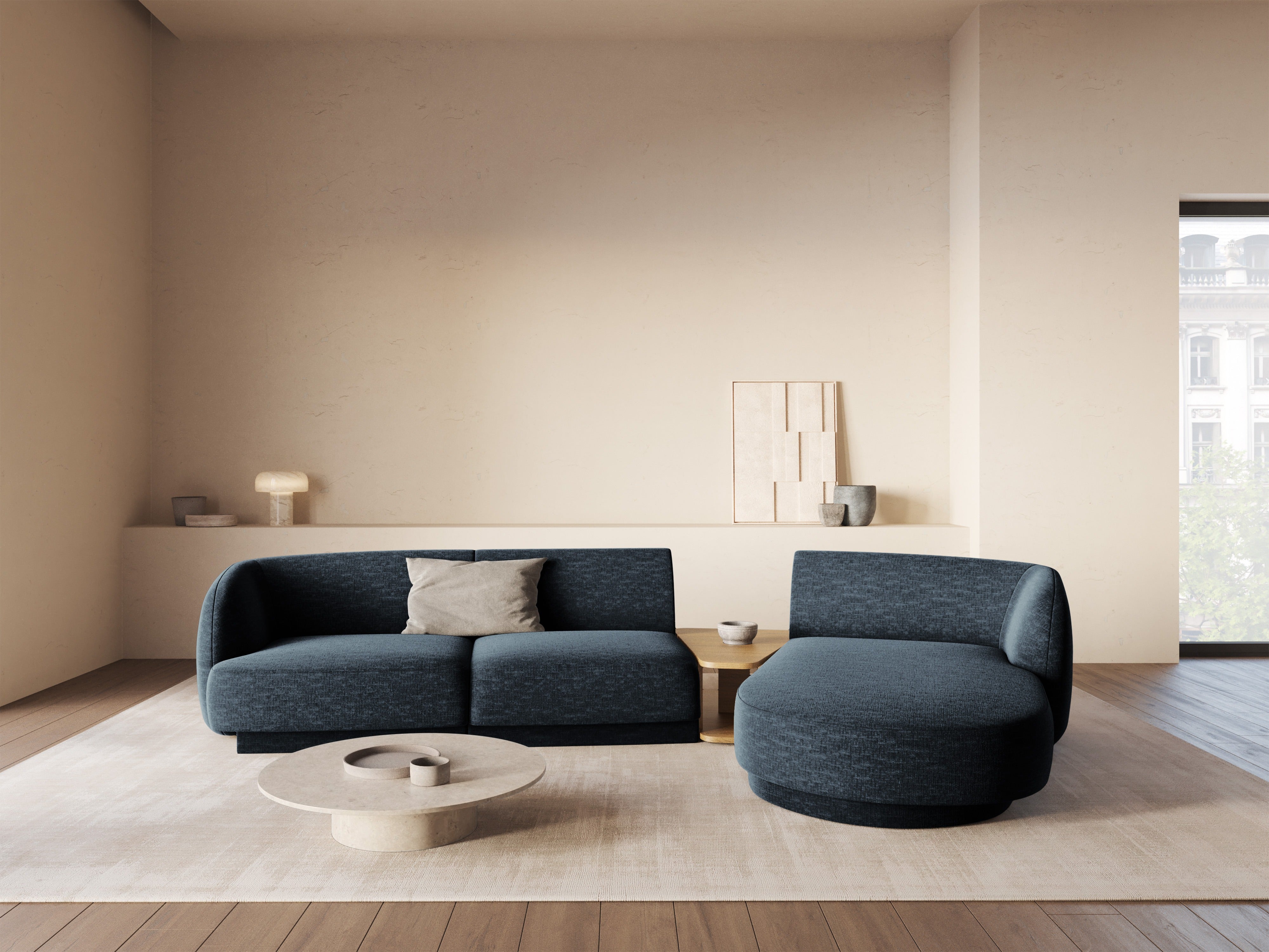 Modular corner sofa with table 3-seater right-facing MILEY royal blue silky chenille