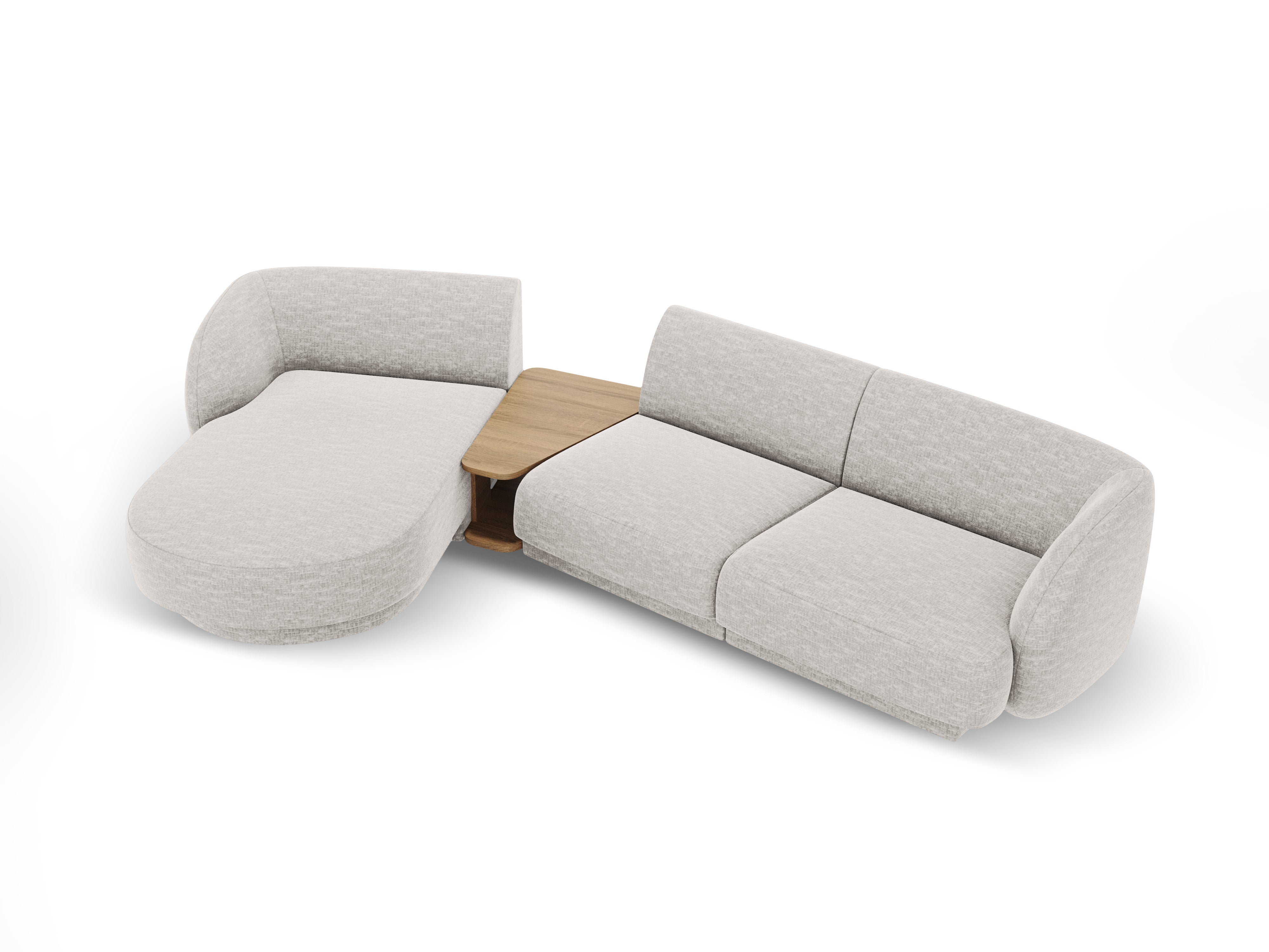 Modular corner sofa with table 3-seater left-sided MILEY light gray silky chenille