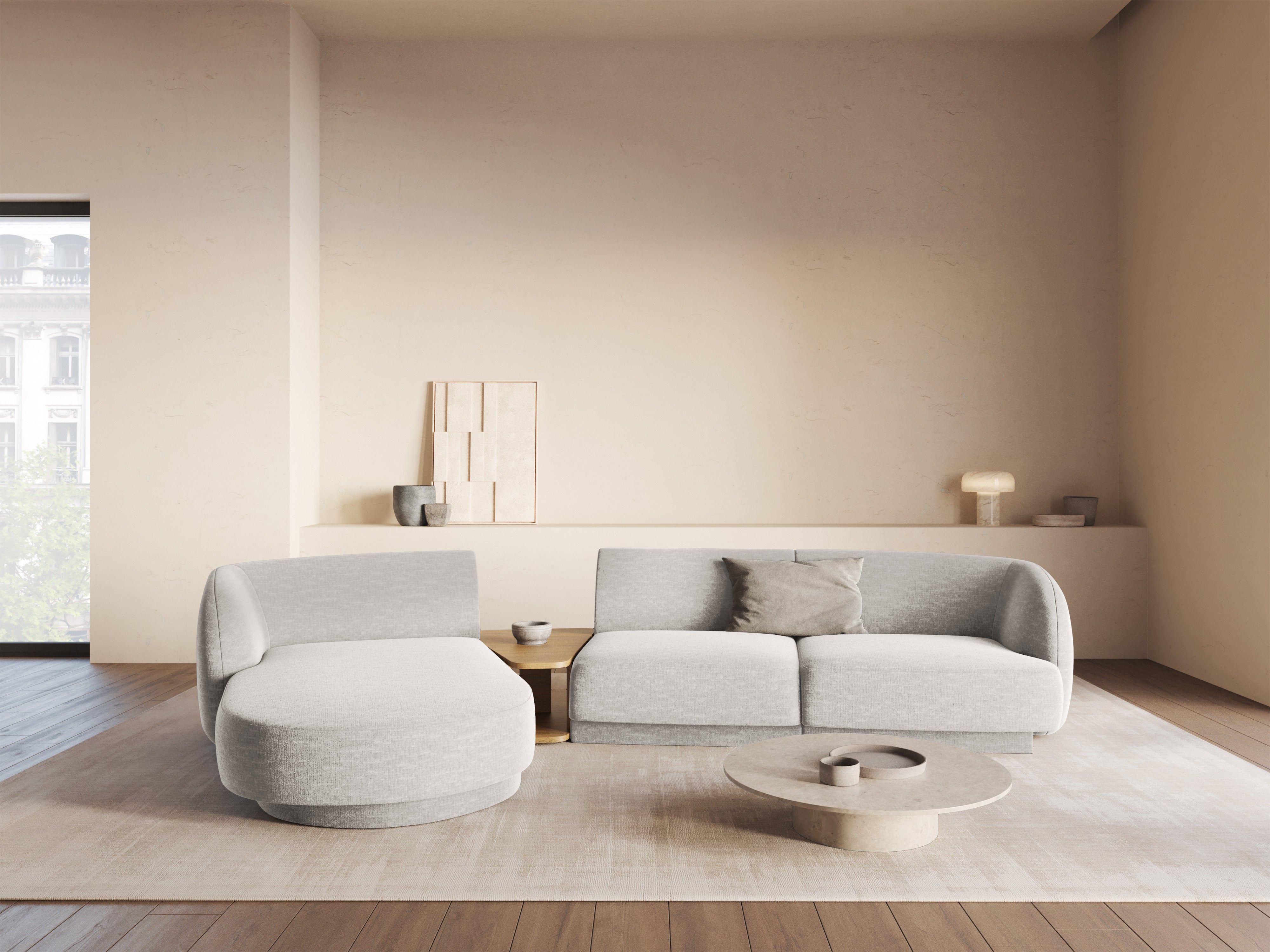 Modular corner sofa with table 3-seater left-sided MILEY light gray silky chenille