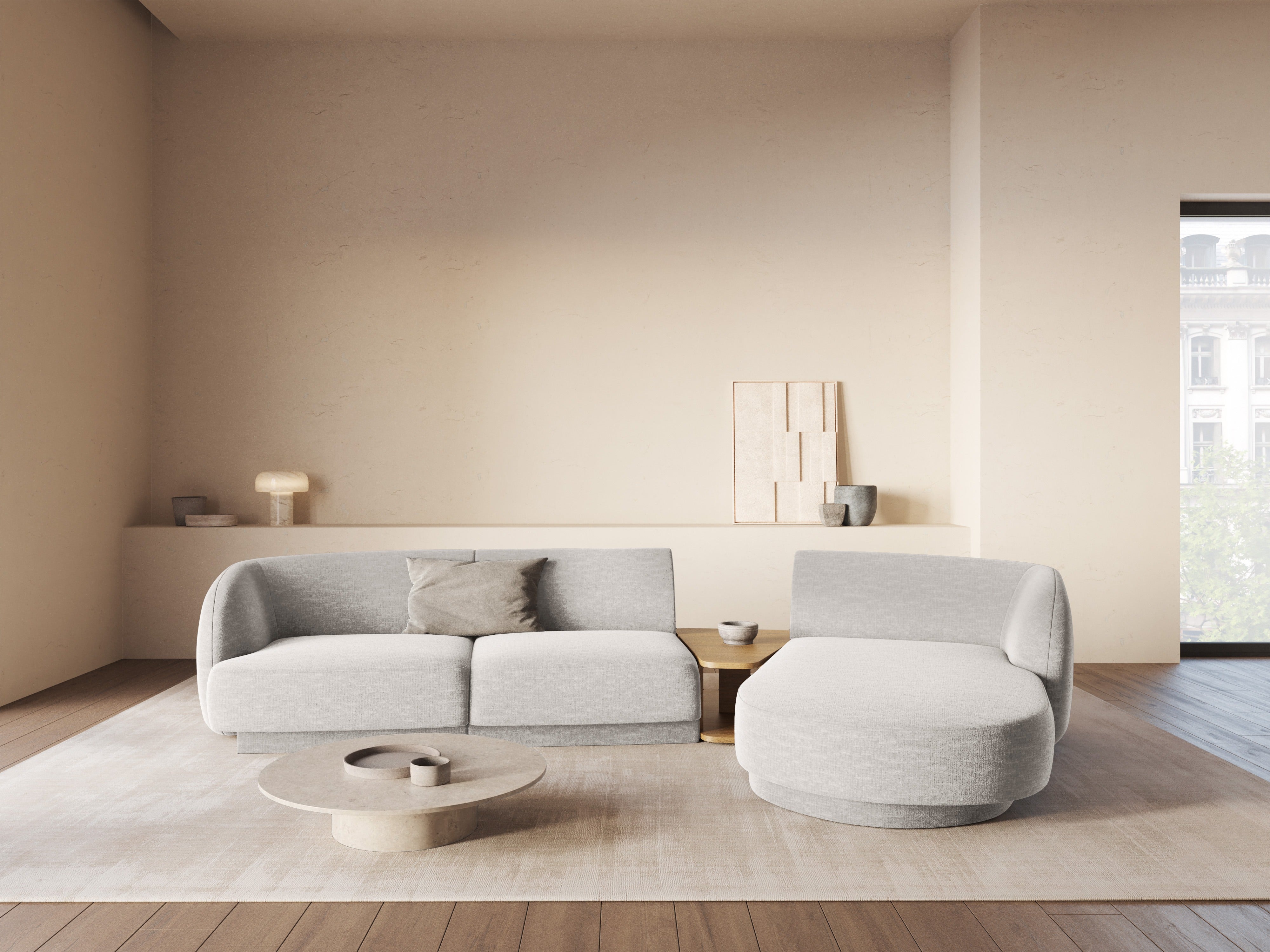 Modulares Ecksofa mit Tisch 3-sitzig rechts MILEY hellgrau schimmernder Chenille