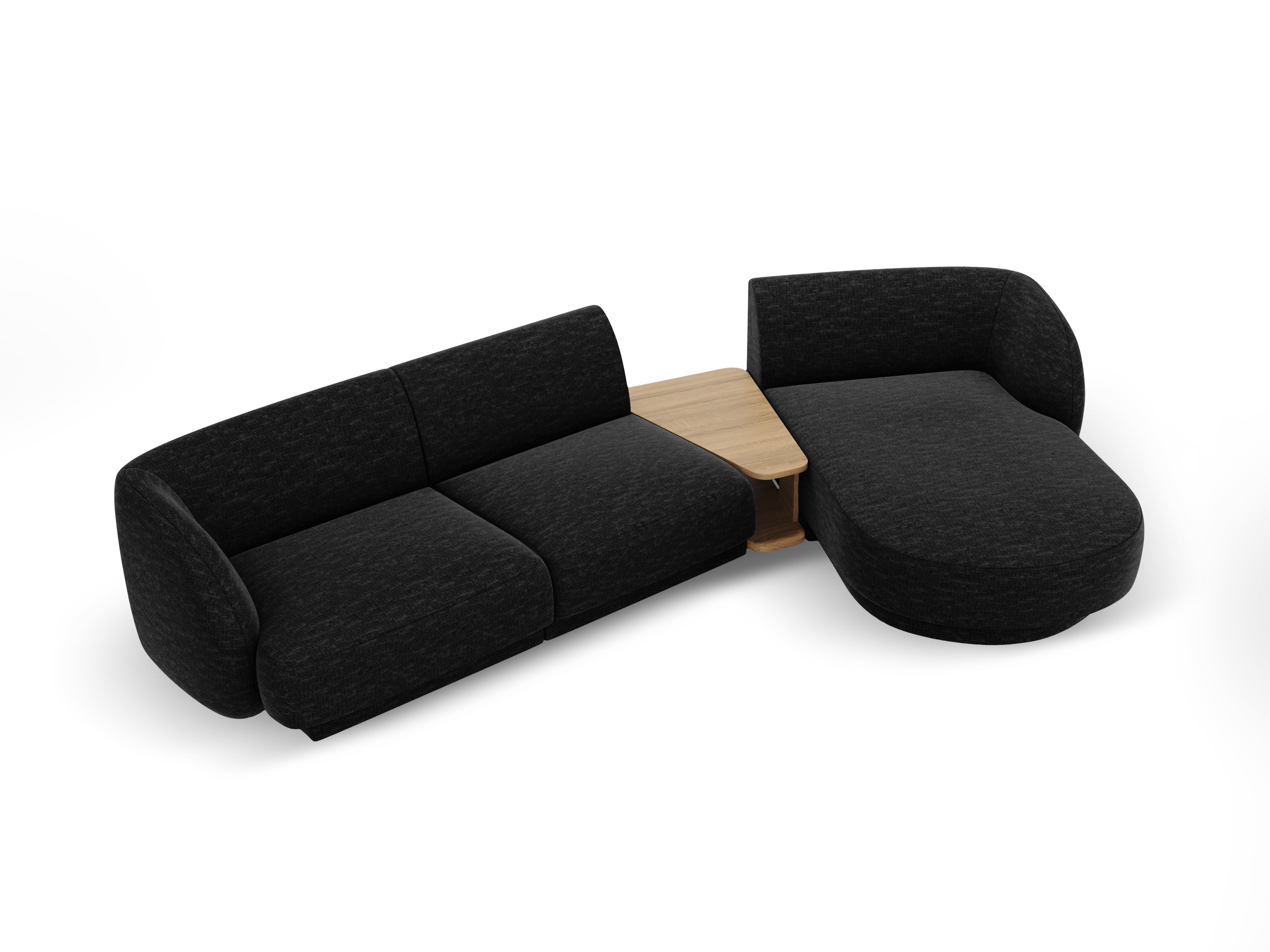 Modulares Ecksofa mit Tisch, 3-Sitzer, rechtsseitig, MILEY, schwarzer, seidiger Chenille