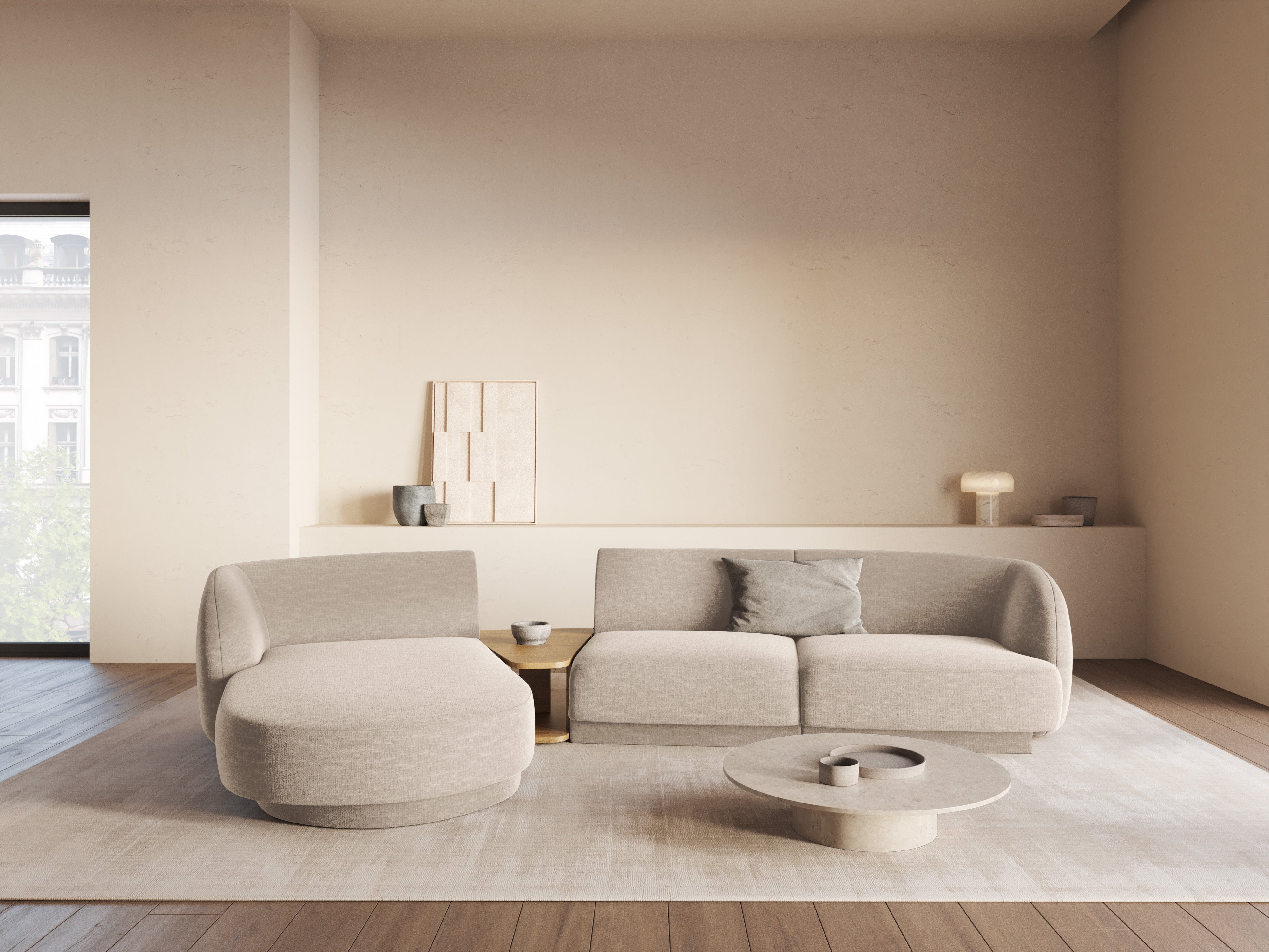 Modulares Ecksofa mit Tisch 3-sitzig links MILEY beige Chenille