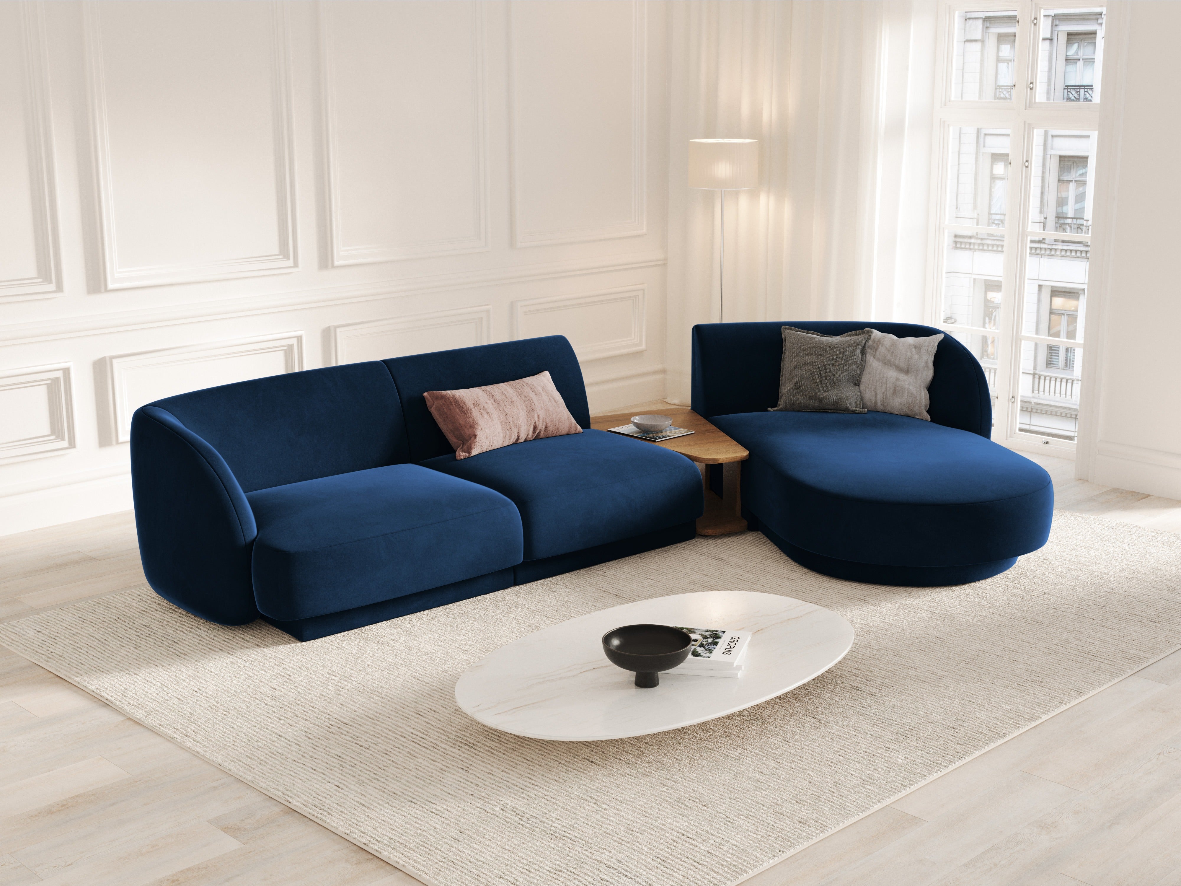 Modulares Ecksofa mit Tisch, 3-Sitzer, rechtsseitig, samtig, MILEY, königsblau