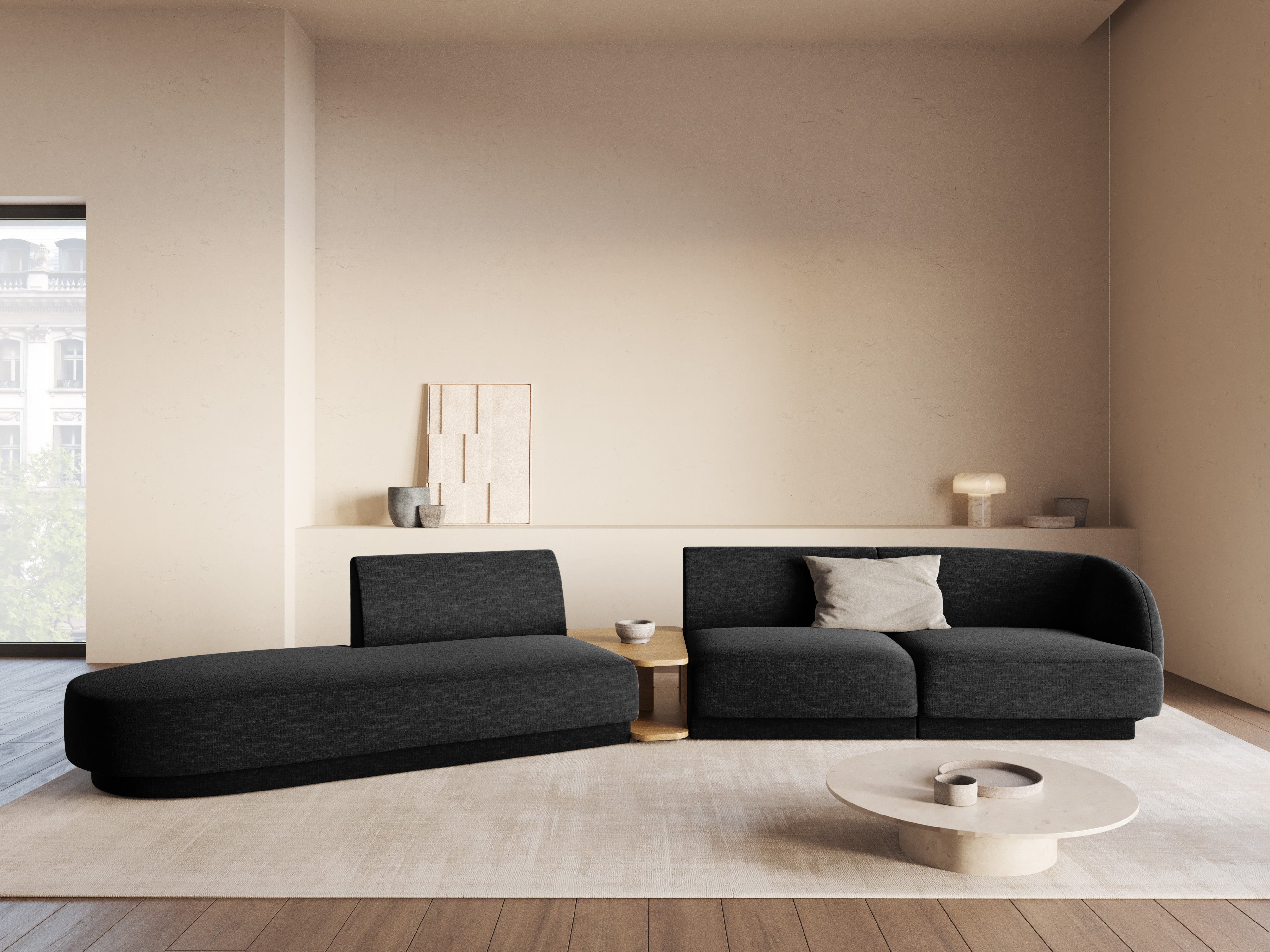 Left-facing modular sofa with table for 4 people MILEY black chenille silky