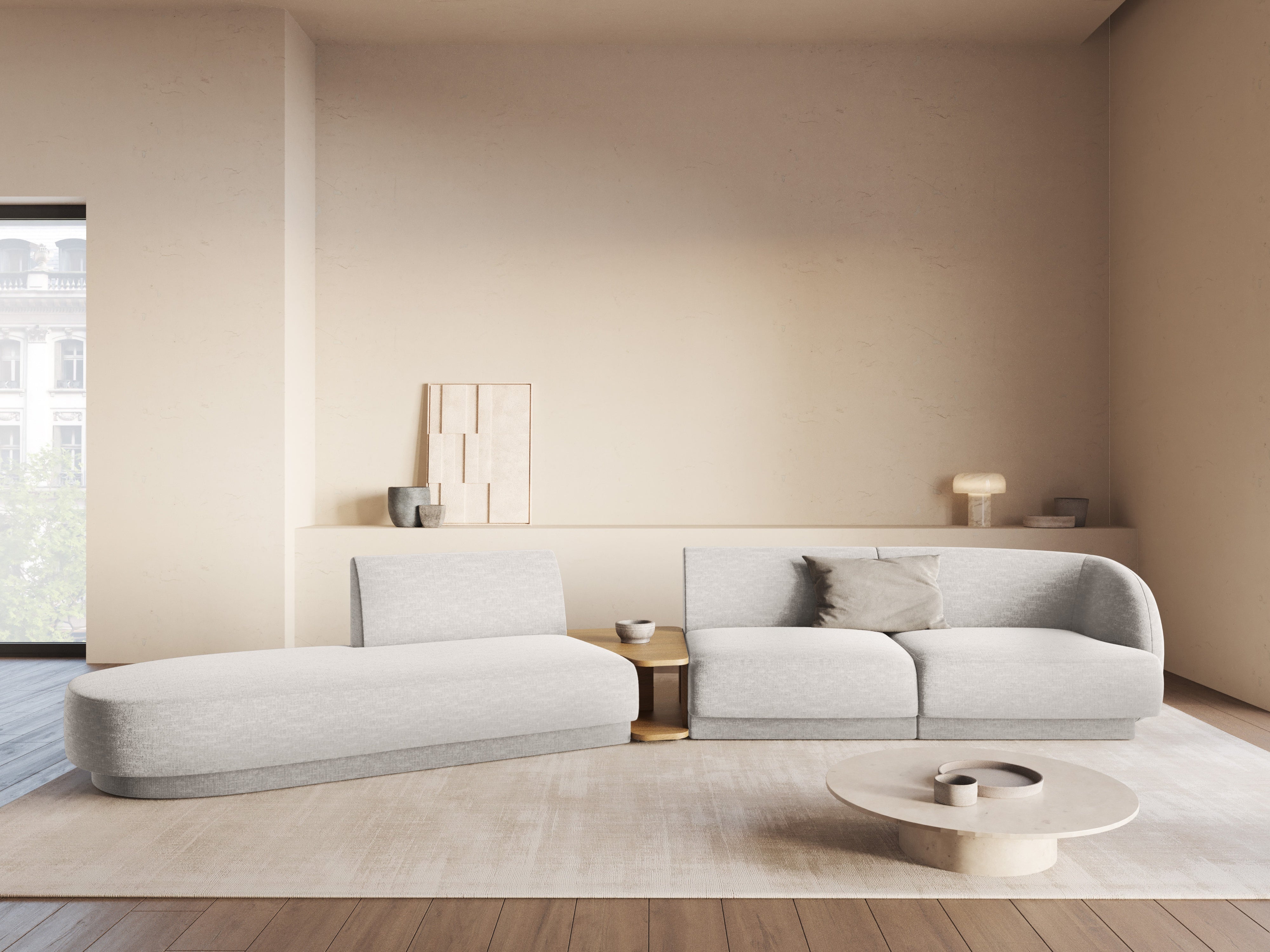 Left-sided modular sofa with table for 4 people MILEY gray chenille
