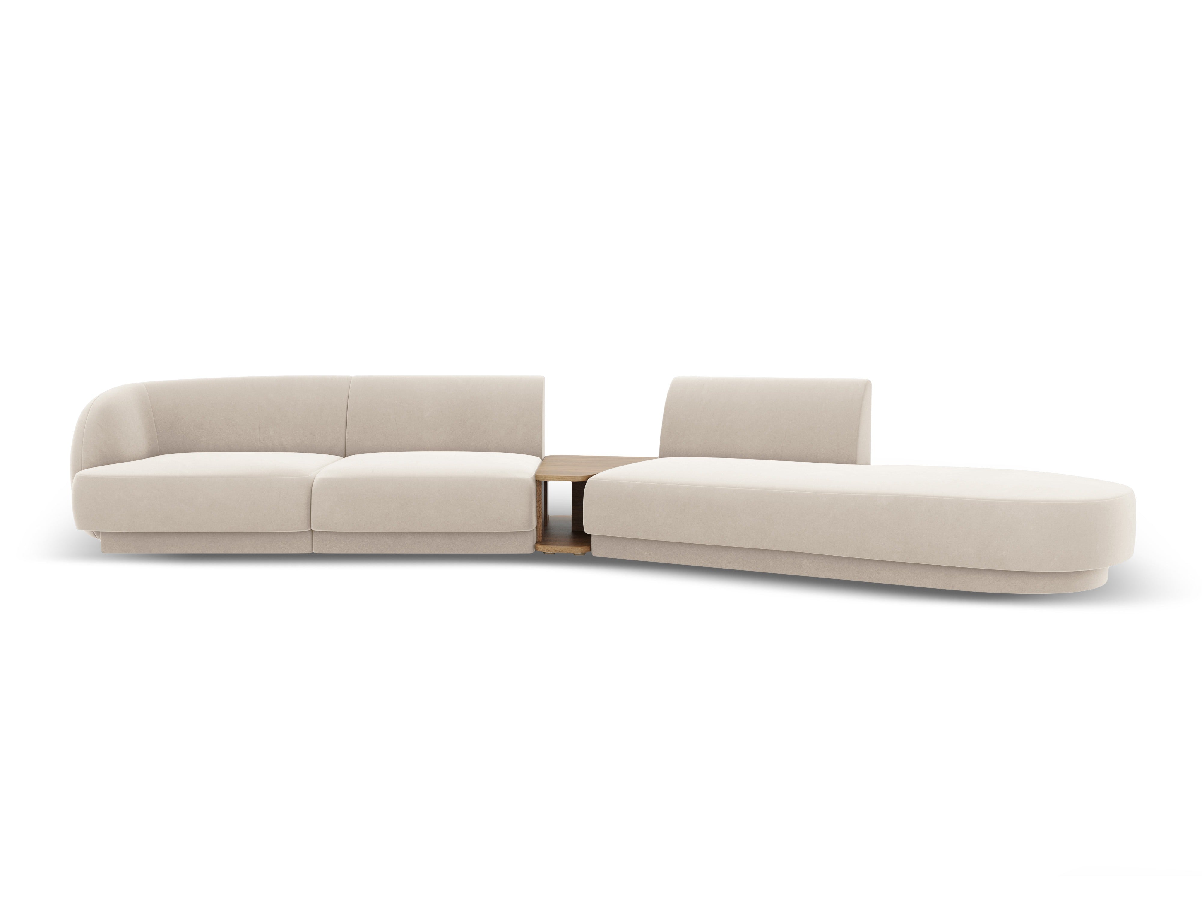 Right-facing modular sofa with table for 4 people in light beige velvet MILEY