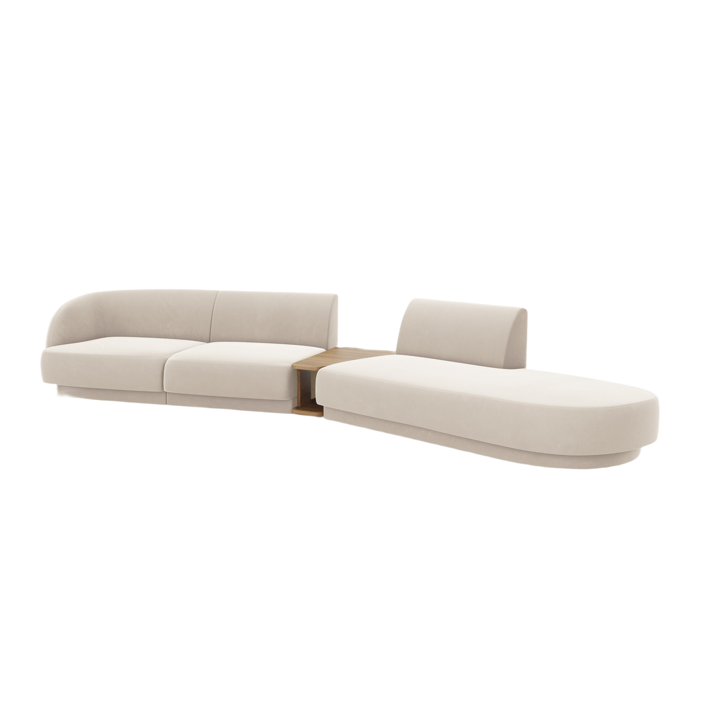 Right-facing modular sofa with table for 4 people in light beige velvet MILEY