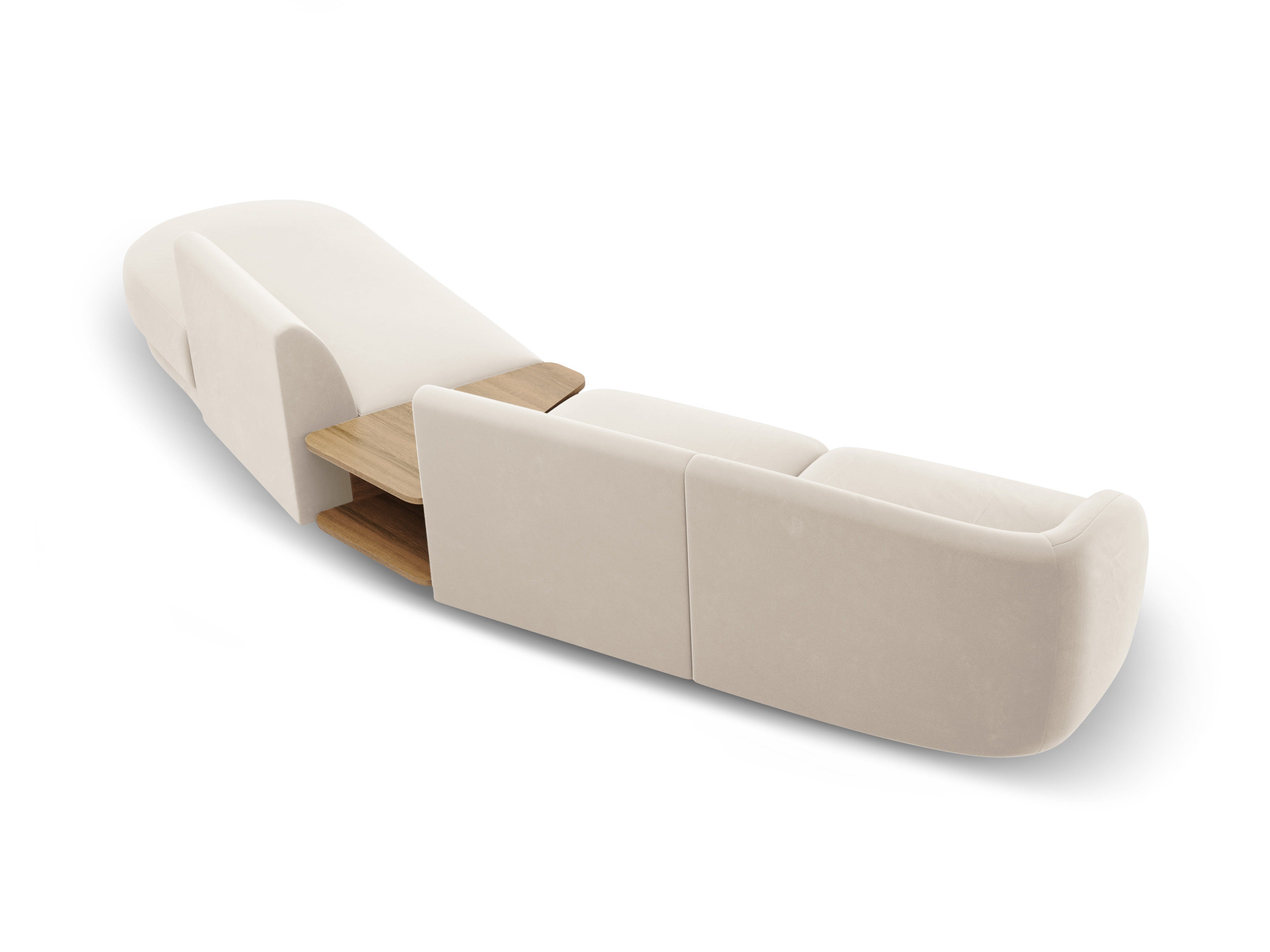 Right-facing modular sofa with table for 4 people in light beige velvet MILEY