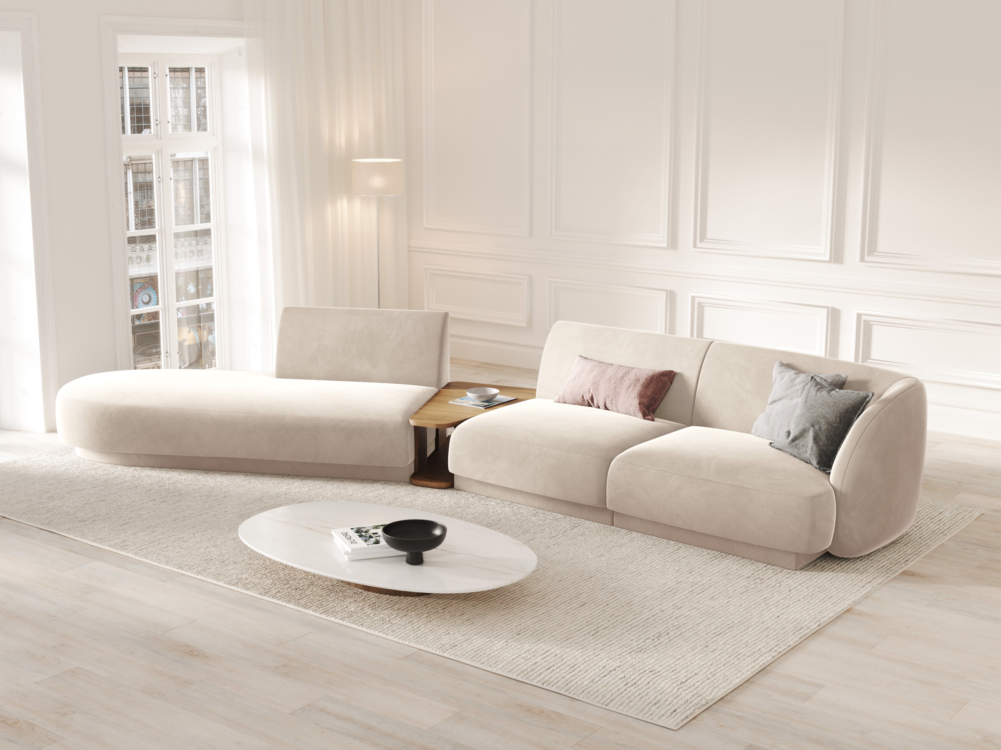 Left-sided modular sofa with table for 4 people, velvet MILEY light beige