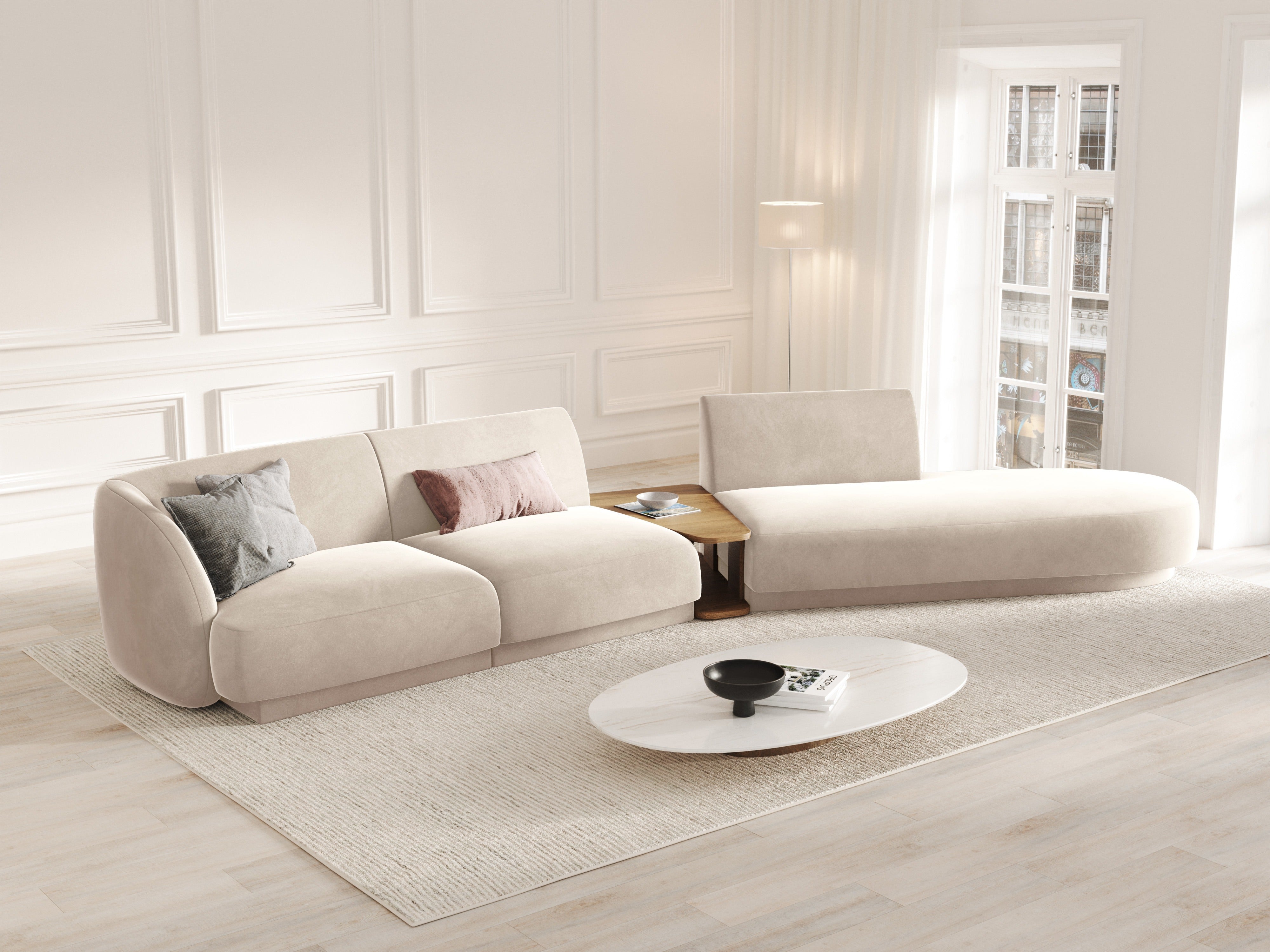 Modulares Sofa links mit Tisch für 4 Personen MILEY weiß Boucle