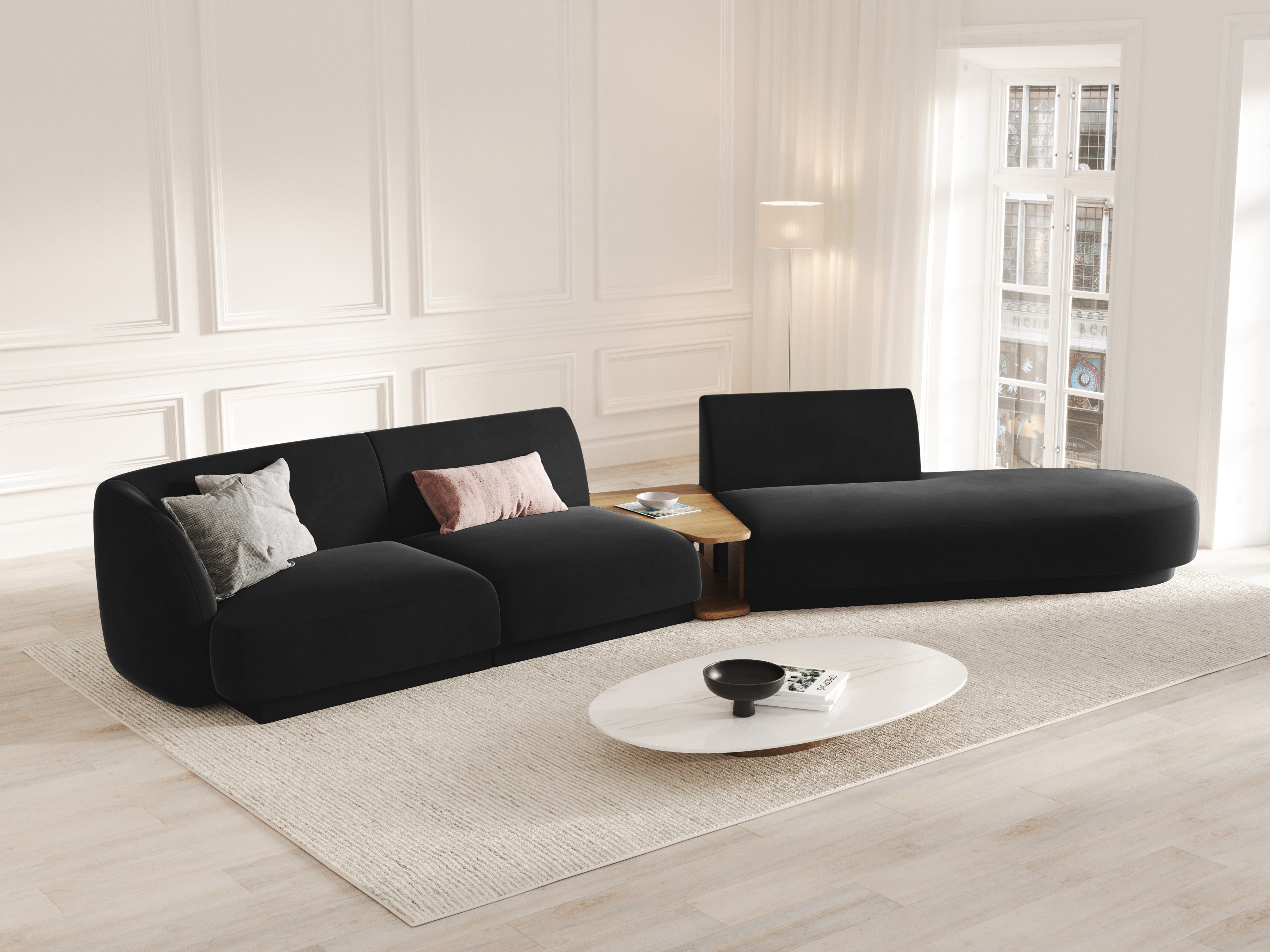 Right-facing modular sofa with table for 4 people, velvet MILEY black