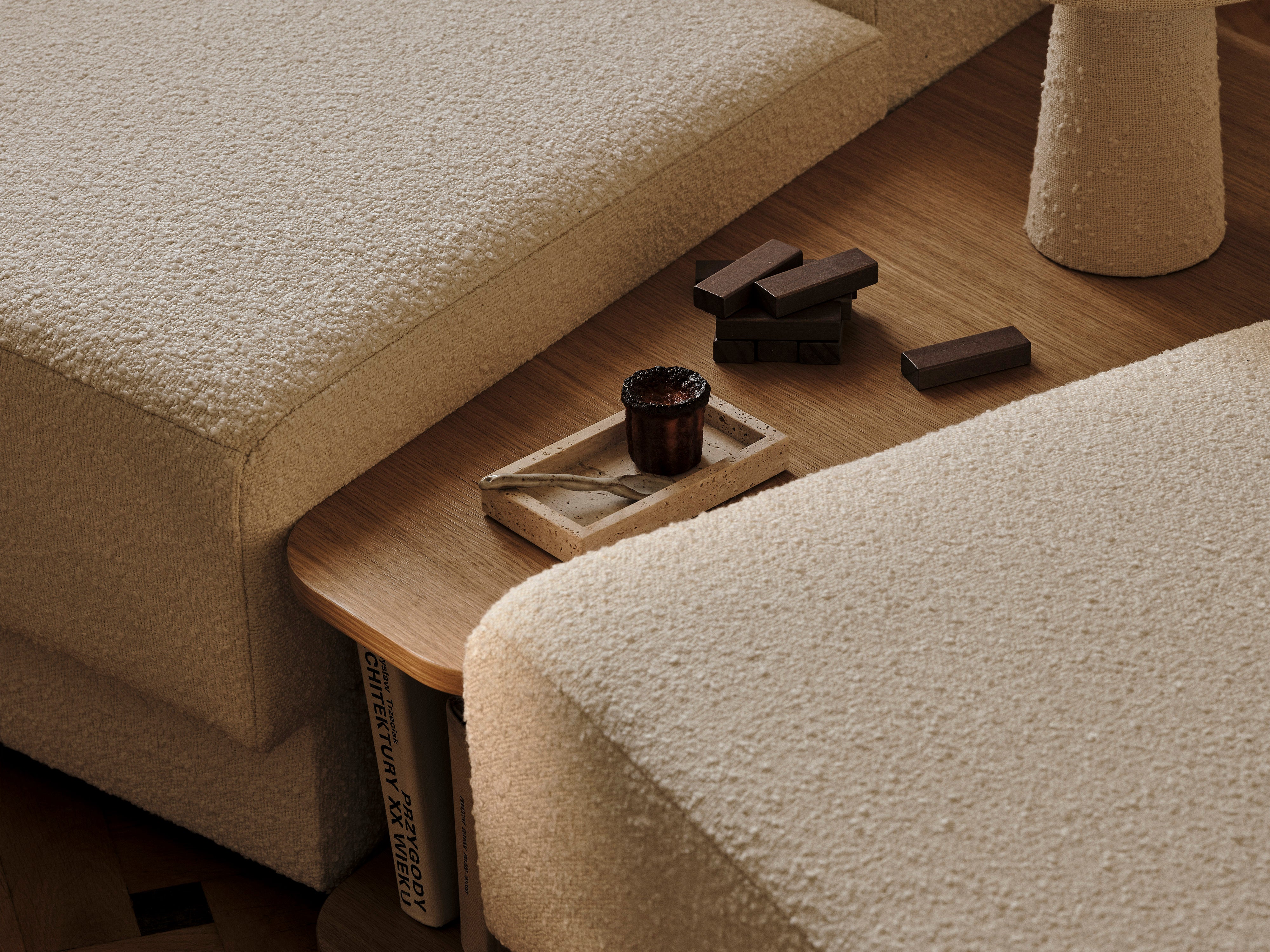 Modular corner sofa with table 3-seater right-sided MILEY white boucle