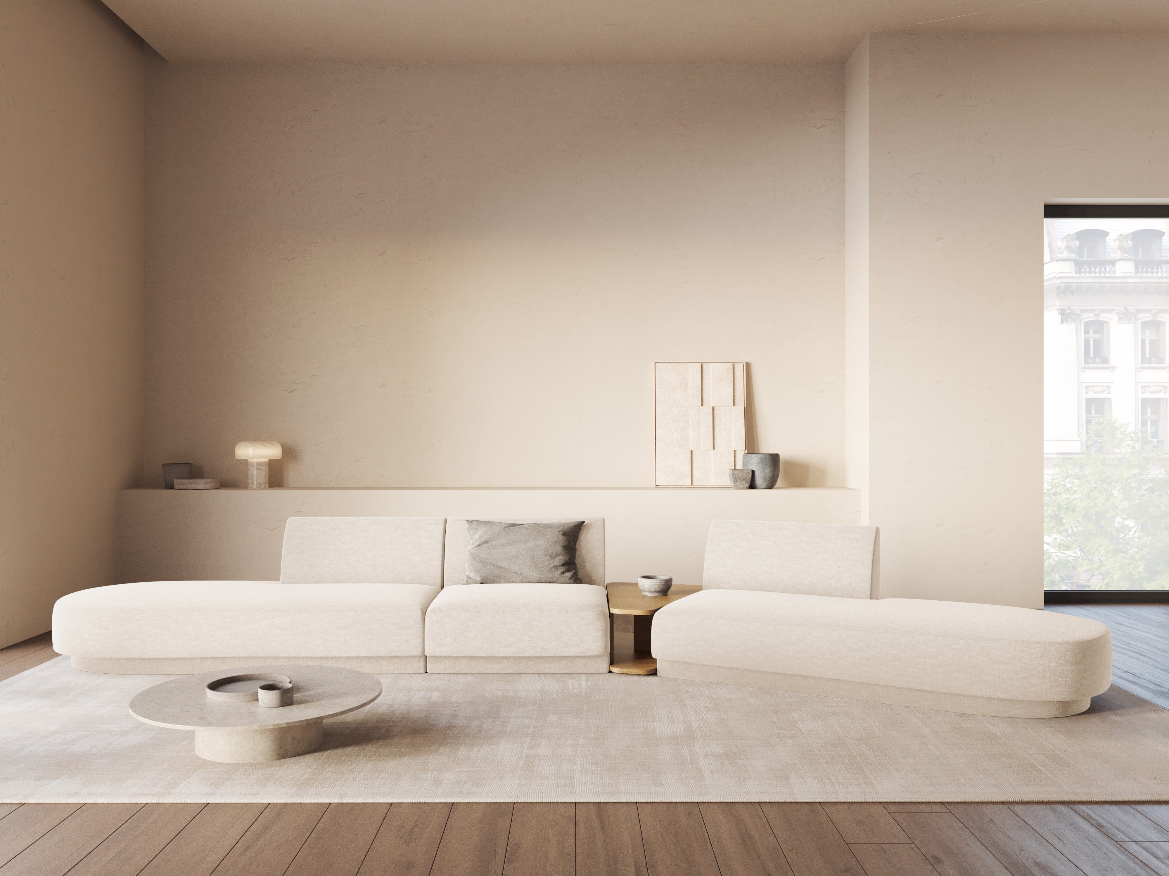 Modulares Sofa mit Tisch, 5-Sitzer MILEY, weißes Boucle, rechtsseitig