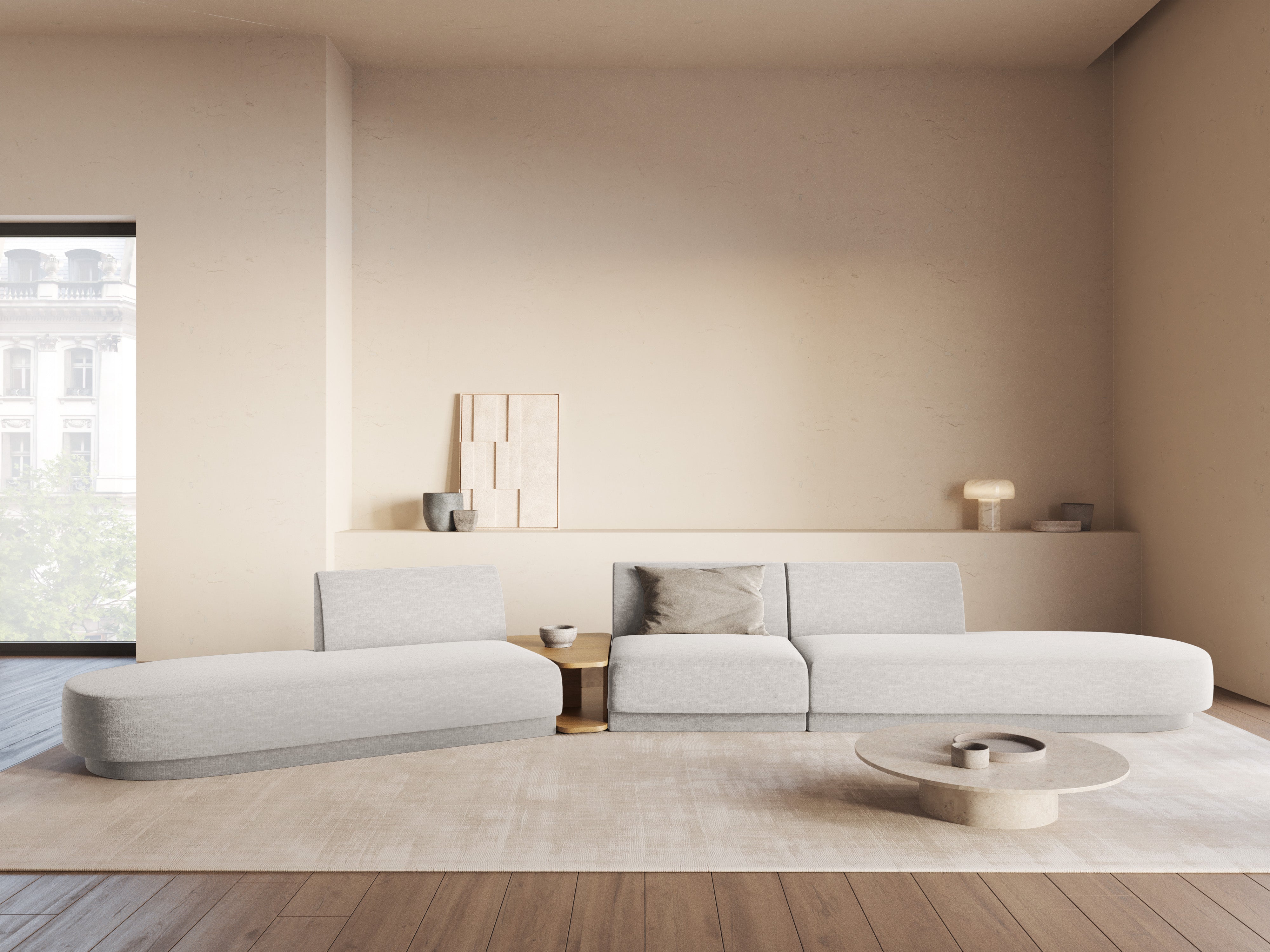 Left-sided modular sofa with table for 5 people MILEY light gray silky chenille