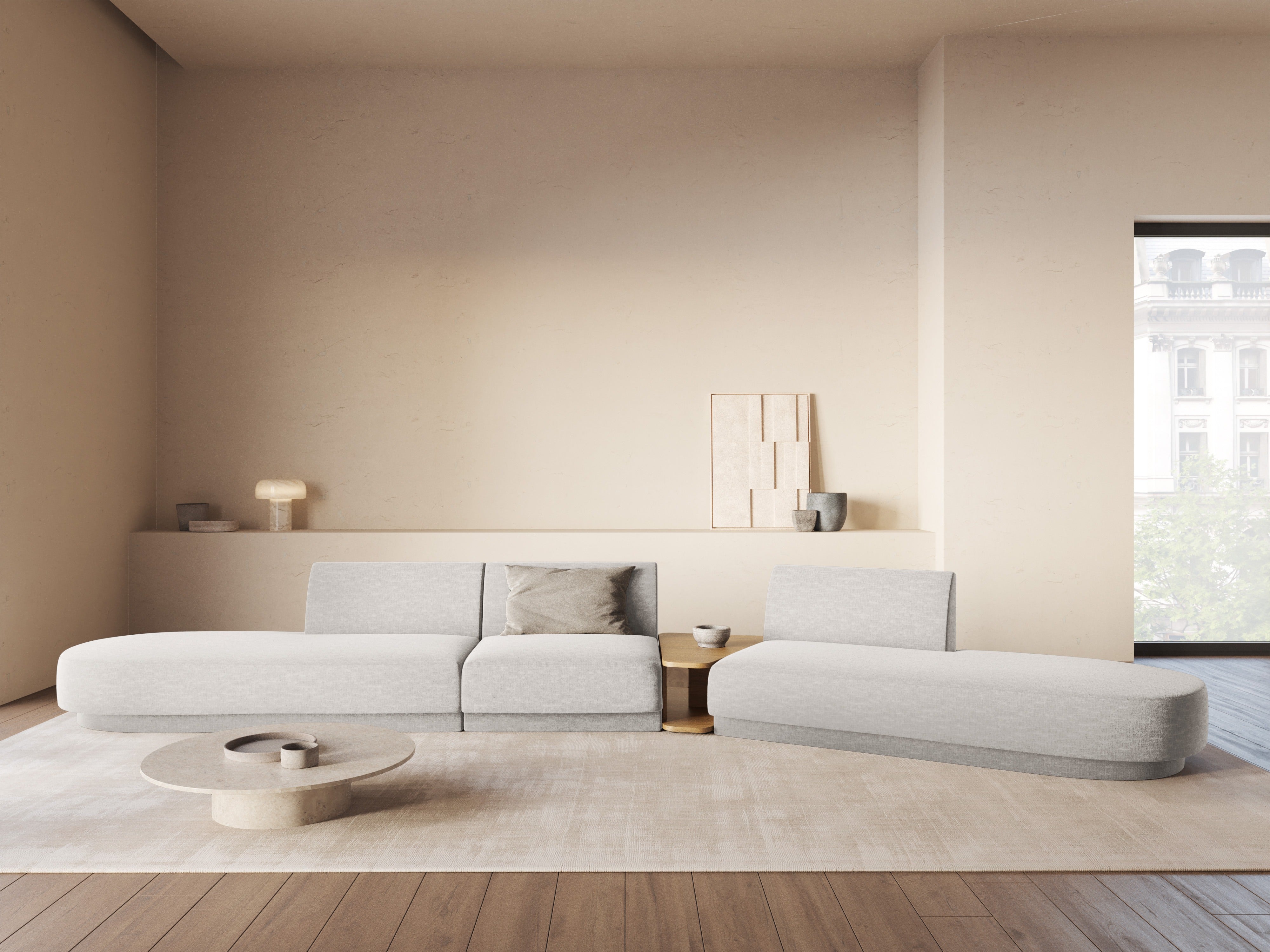 Modularsofa rechts mit Tisch für 5 Personen MILEY hellgrau Boucle