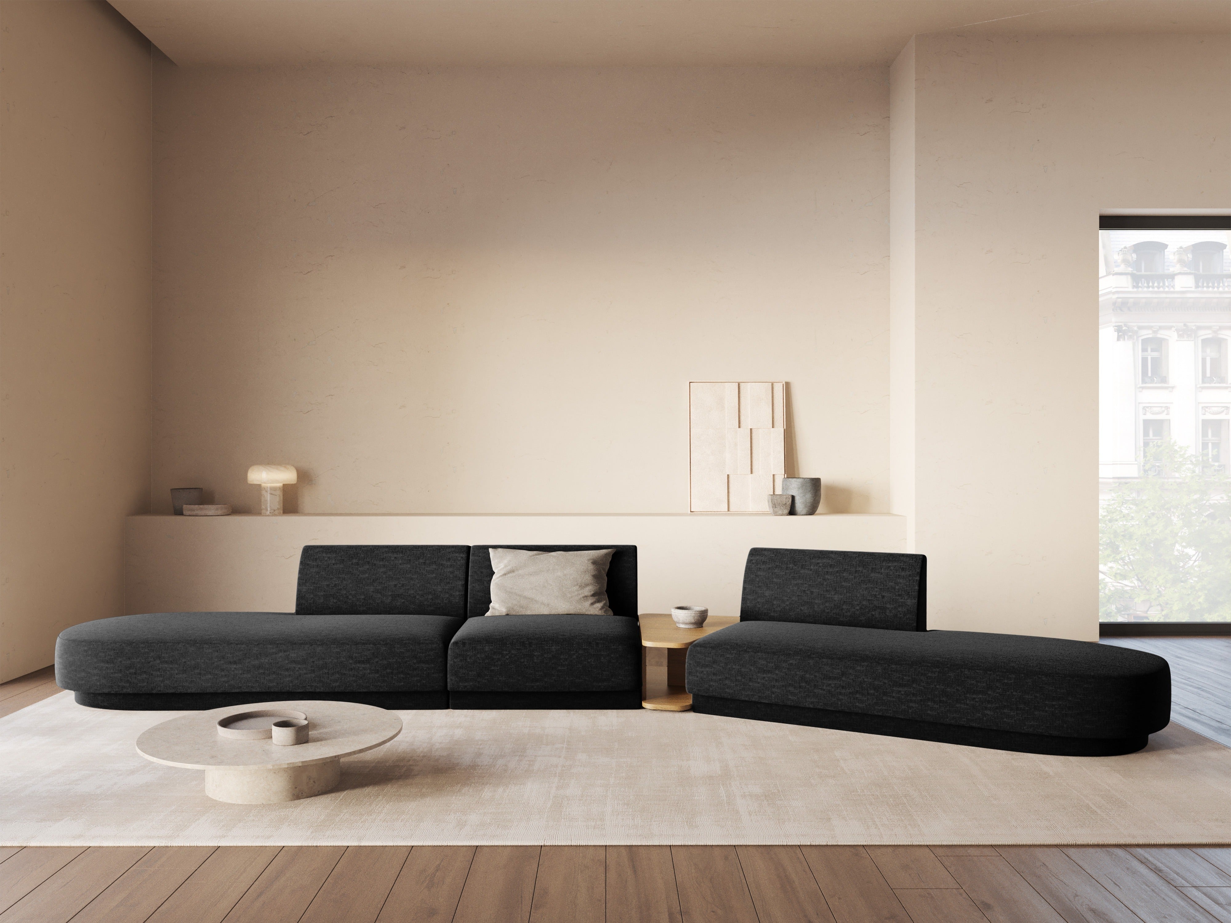 Modularsofa mit Tisch, 5-sitzig, rechtsseitig, MILEY, schwarzes Boucle