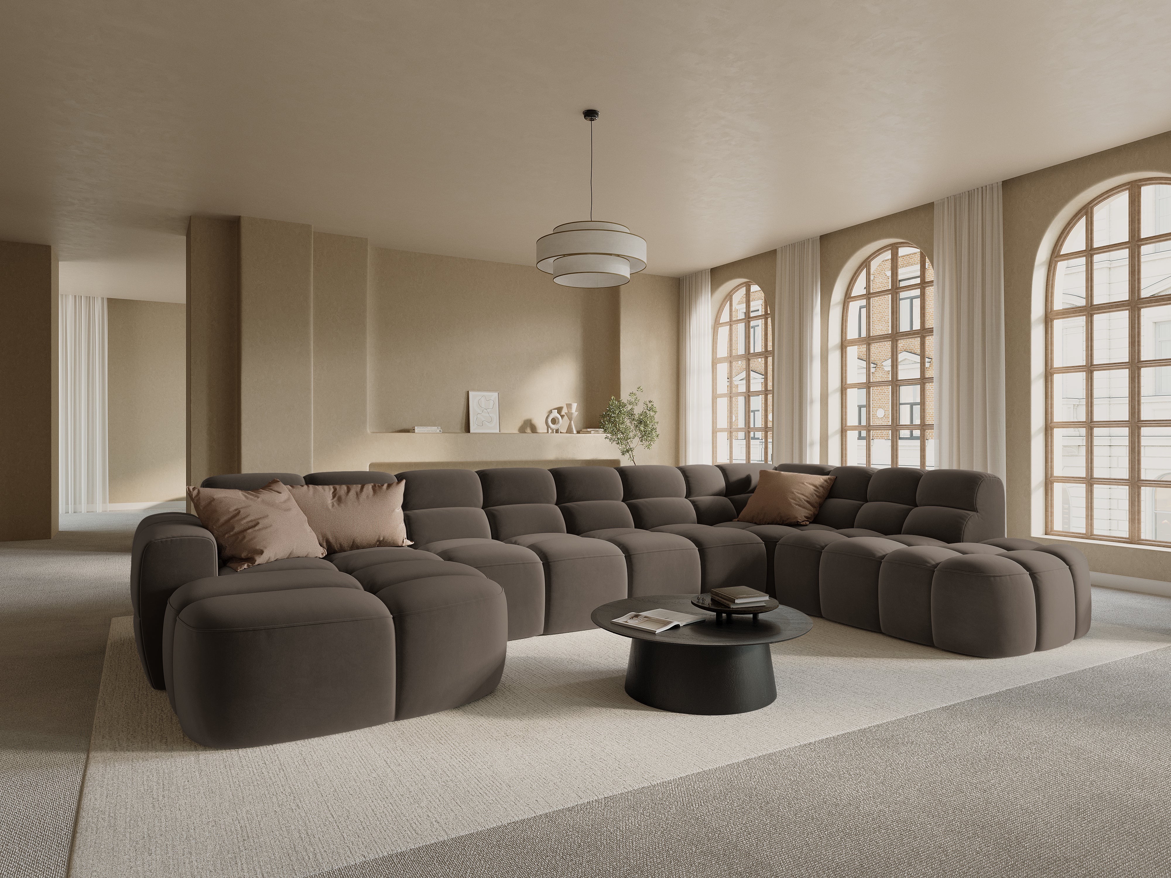 Samt-Ecksofa mit Panoramablick rechts LISA hellbraun