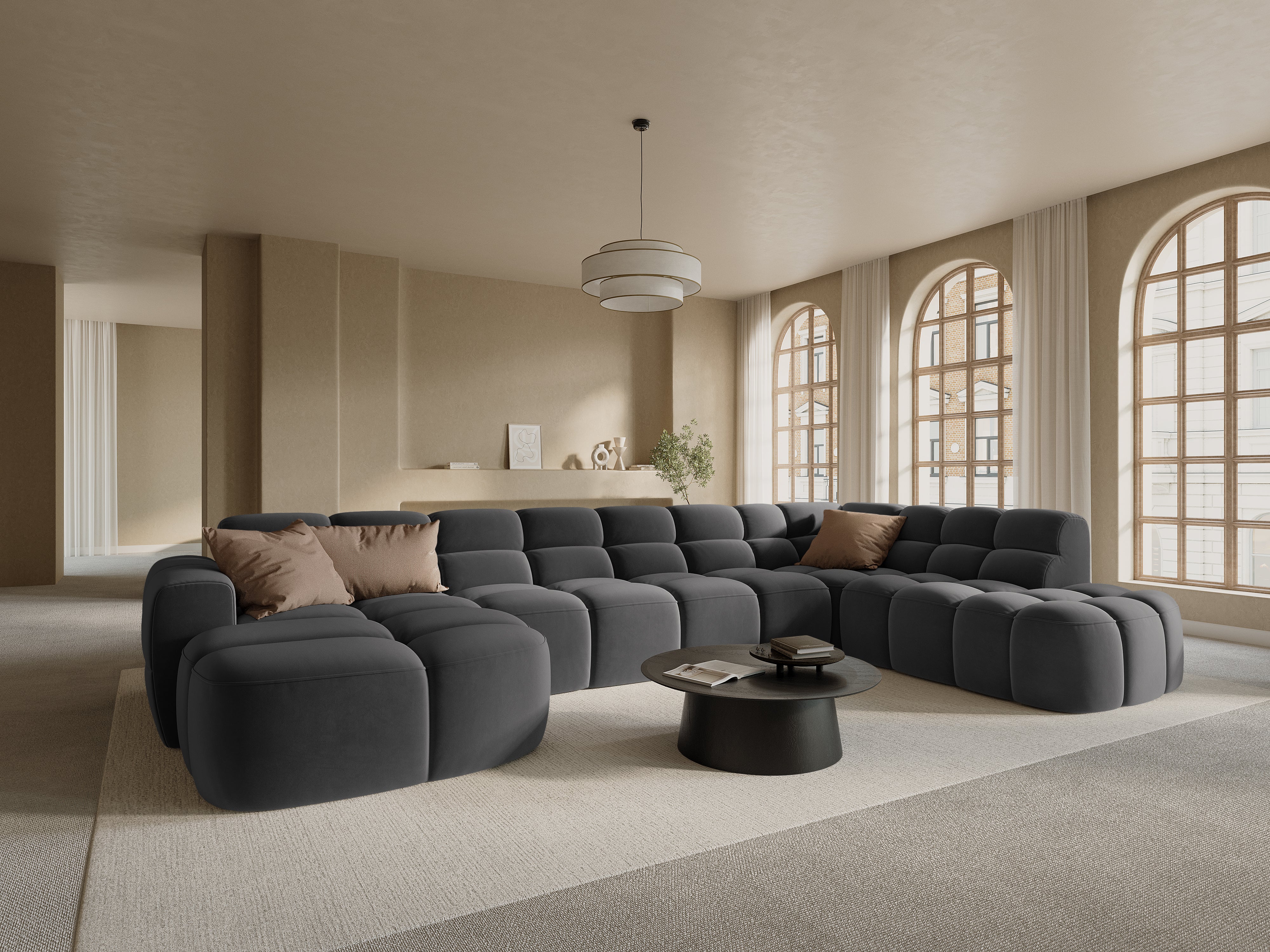 Samt-Ecksofa mit Panoramablick rechts LISA dunkelgrau