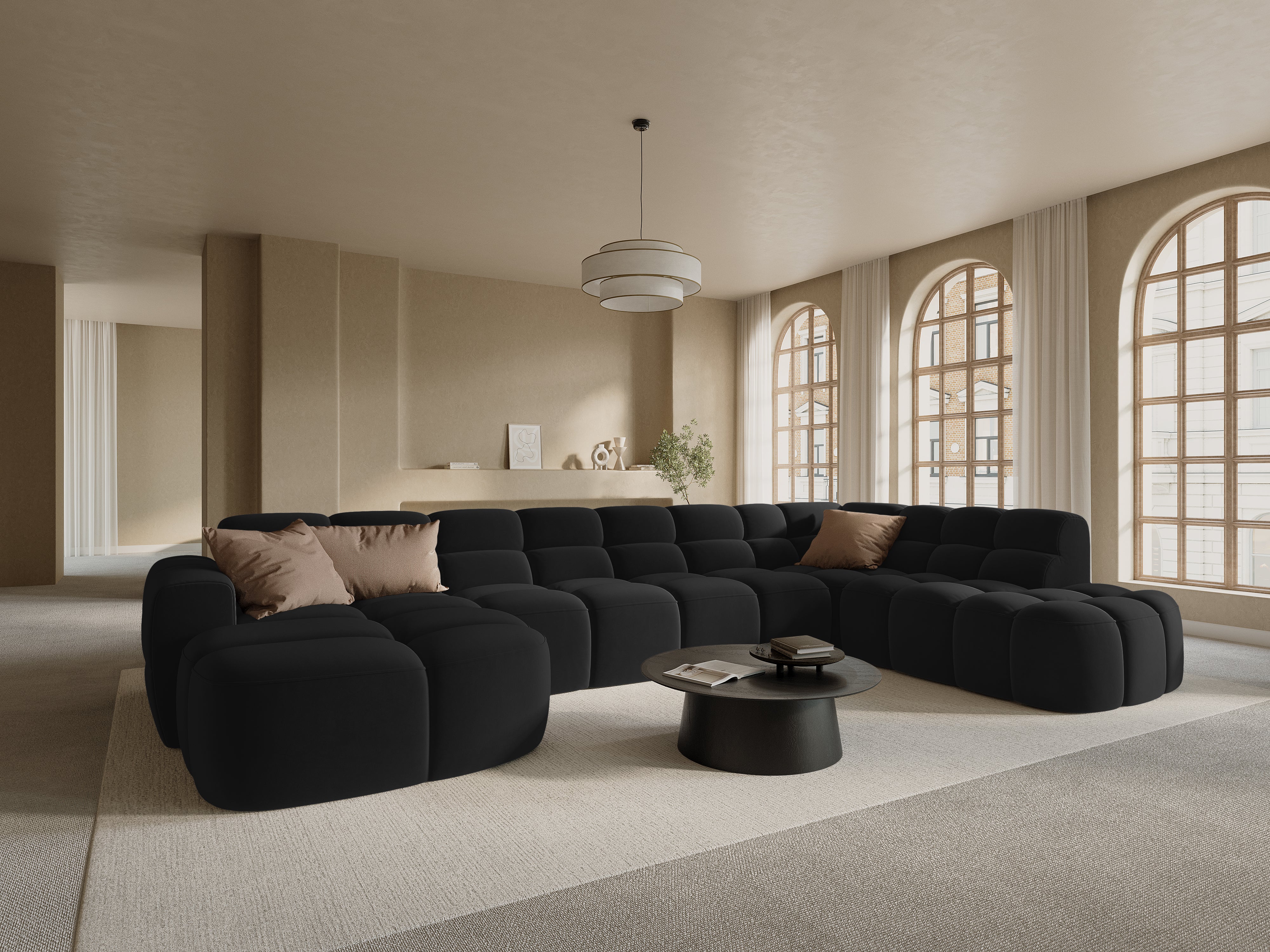 Samt-Ecksofa mit Panoramafunktion rechts LISA schwarz