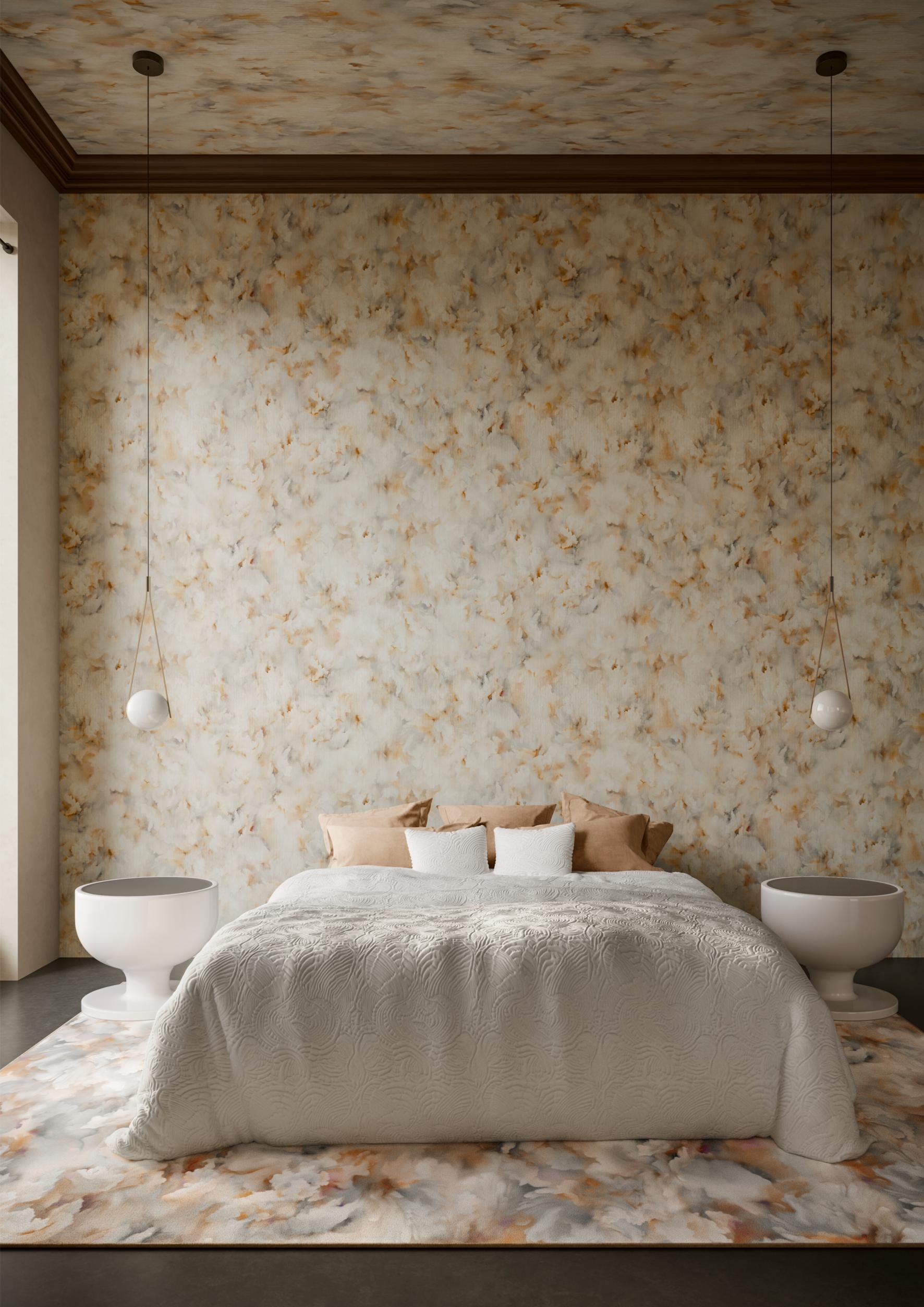 Silk textile wallpaper with a flower petal motif SILK BOMBIS pink with blue