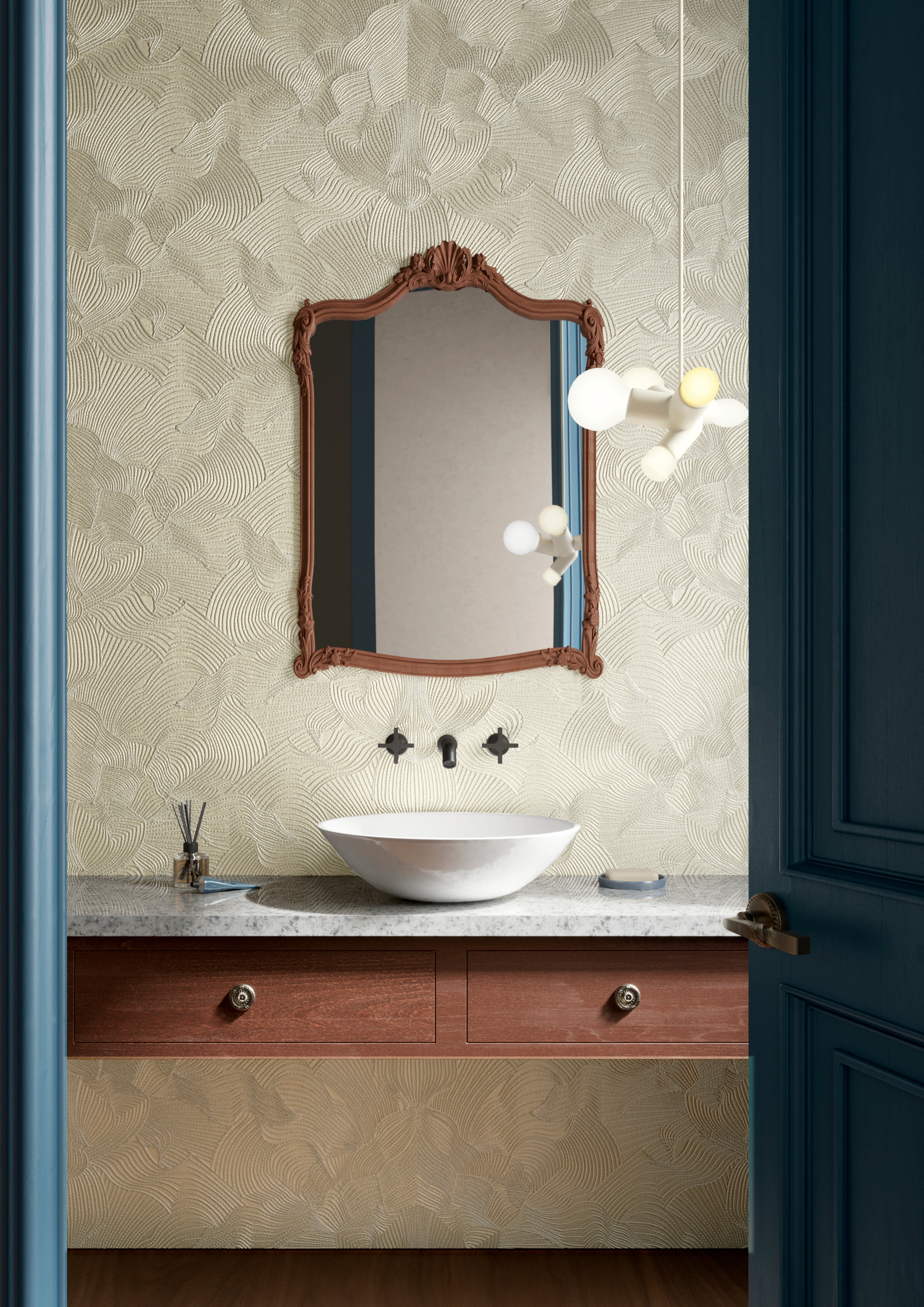 Textile wallpaper with an abstract pattern embroidered with a moiré effect TECHNO BEE EMBROIDERED ivory