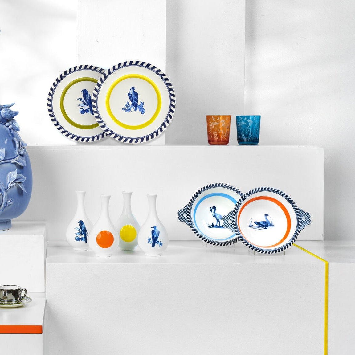 Bird Patterned Plate Set White with Blue