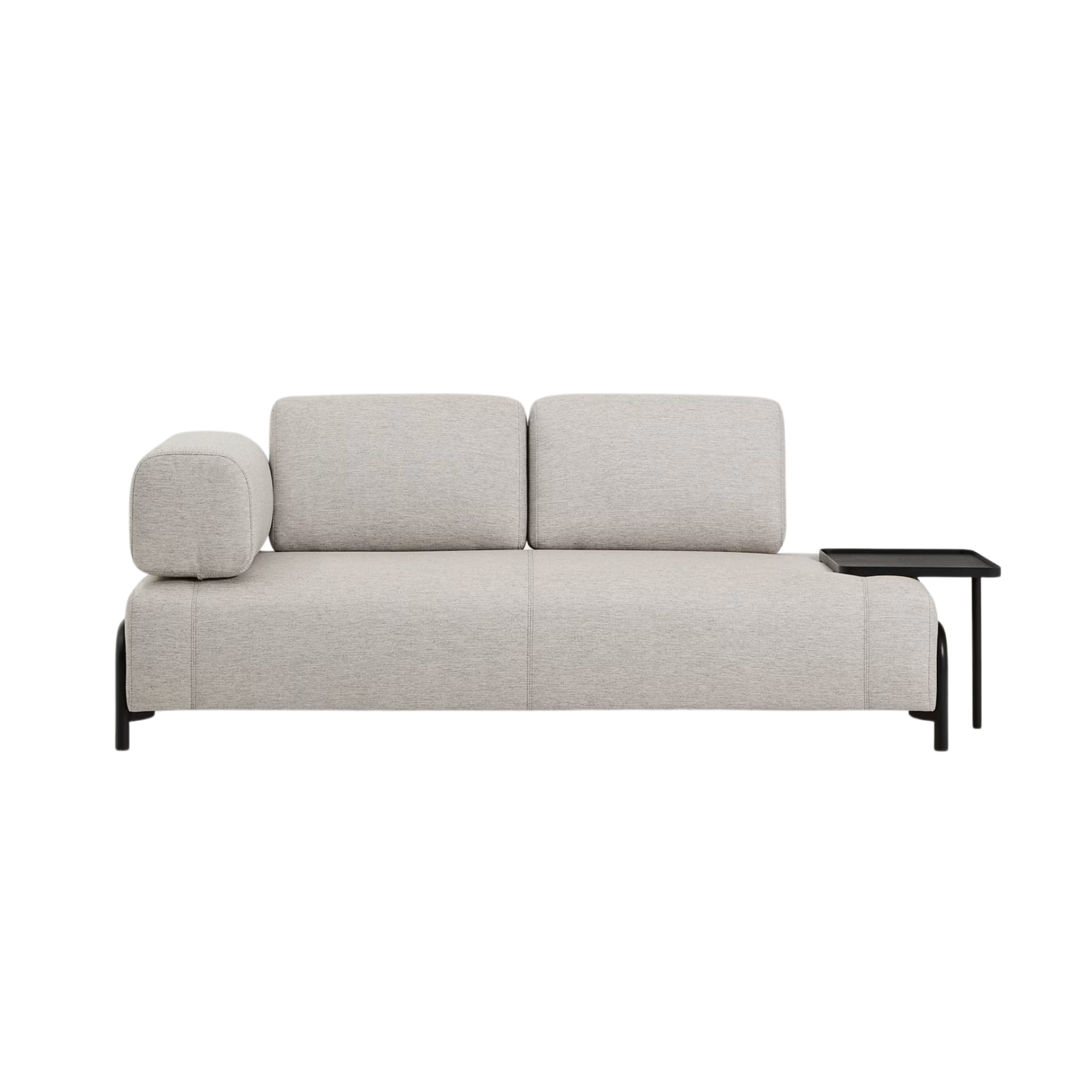 Left-facing 2-seater sofa with shelf COMPO in gray-beige with black base