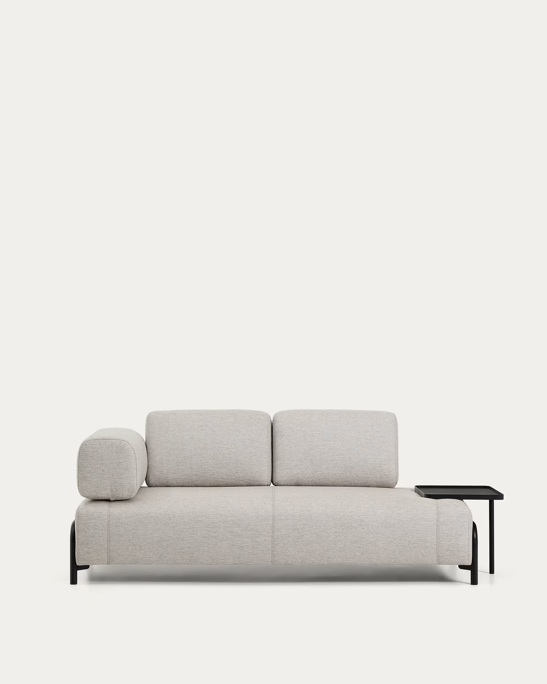 Left-facing 2-seater sofa with shelf COMPO in gray-beige with black base