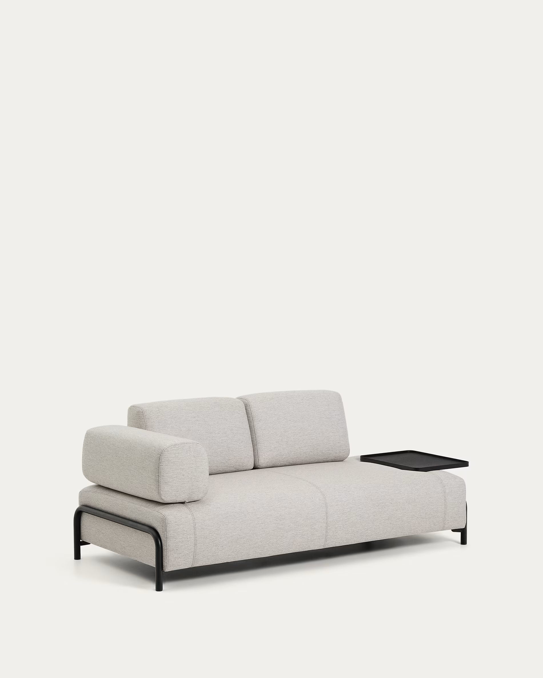 Left-facing 2-seater sofa with shelf COMPO in gray-beige with black base