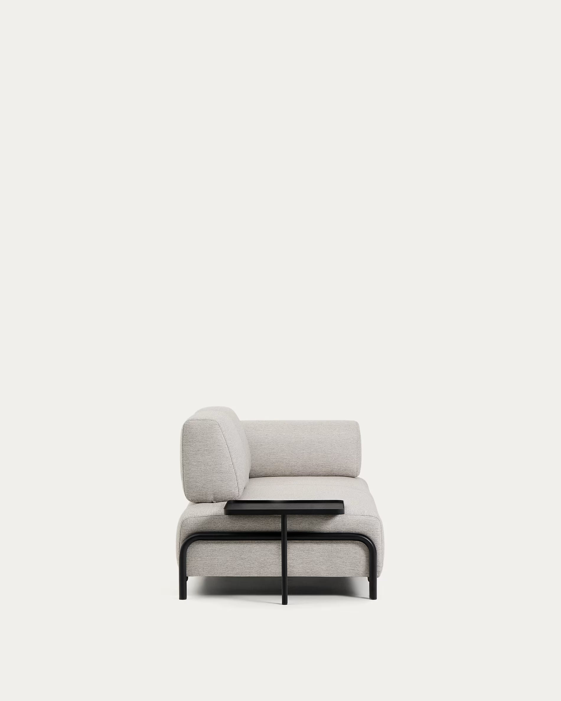 Left-facing 2-seater sofa with shelf COMPO in gray-beige with black base