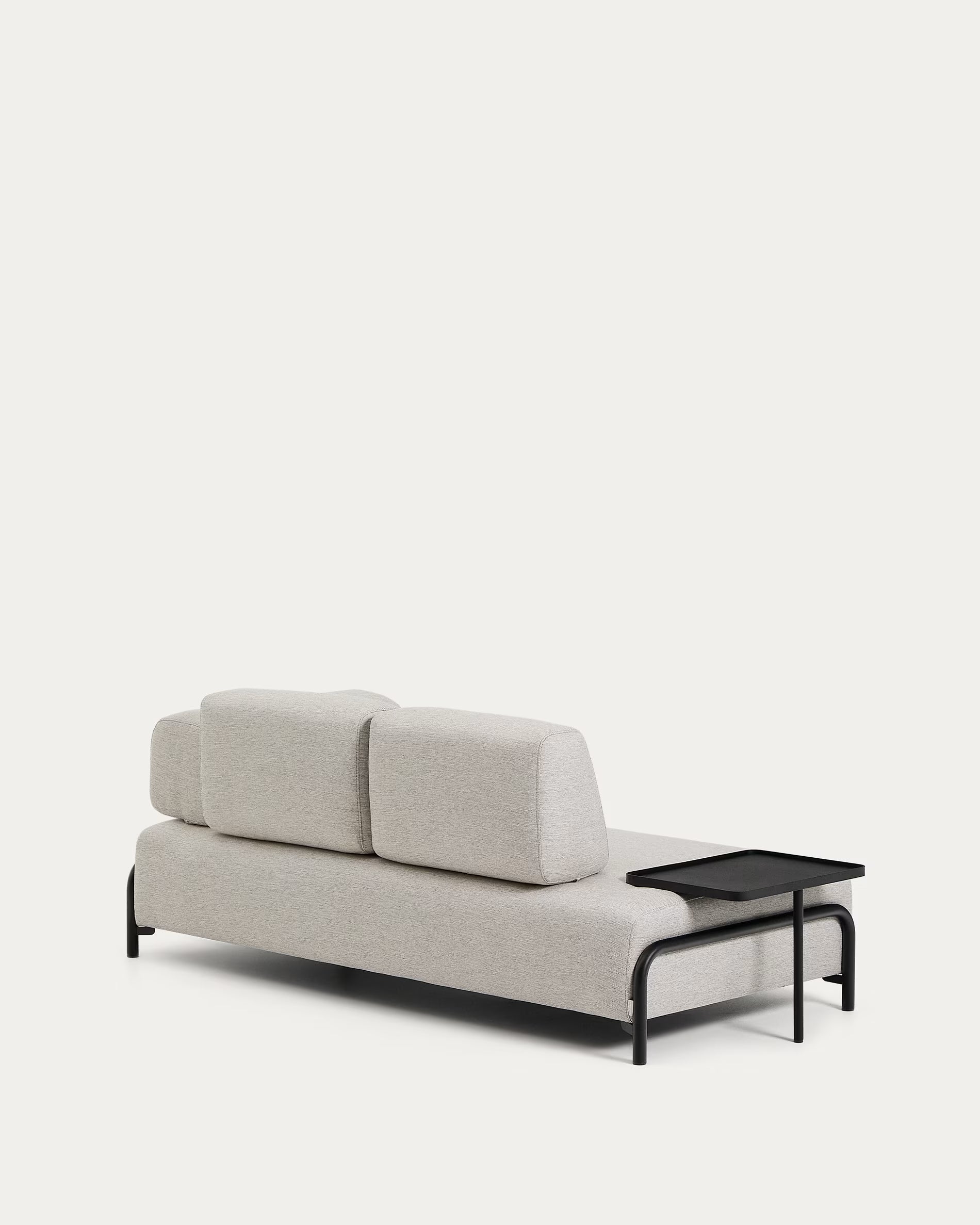 Left-facing 2-seater sofa with shelf COMPO in gray-beige with black base