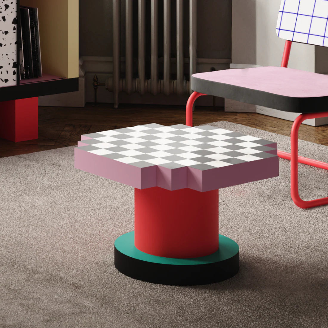SUPERCOFFEE BLUE GRID pink coffee table with yellow