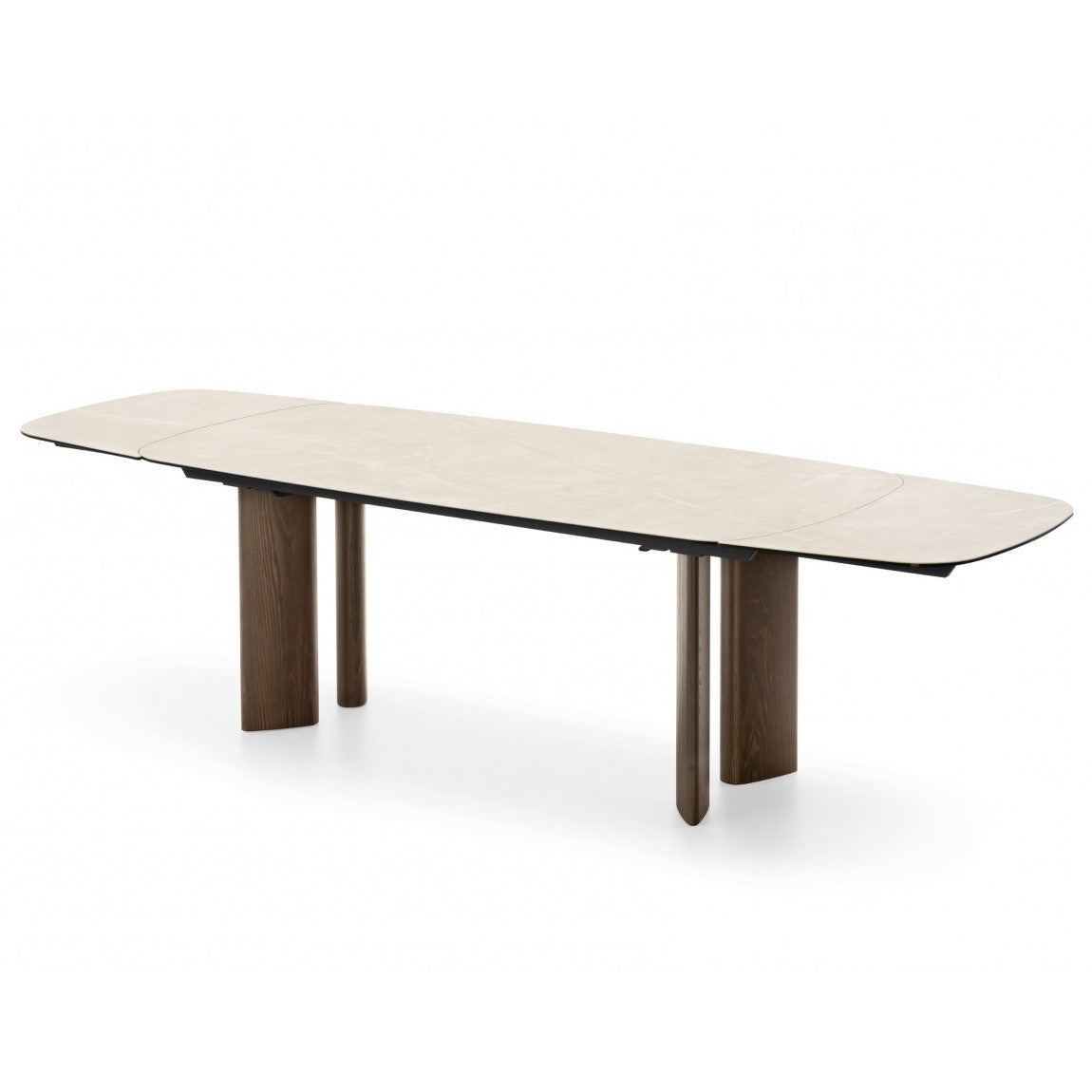 SANDY extendable table with a ceramic top resembling travertine and a walnut base