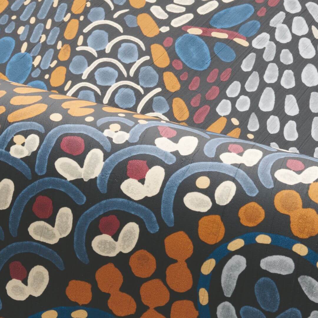 Talavera Leaf Pattern Wallpaper - Marine Ocle Blue with Orange