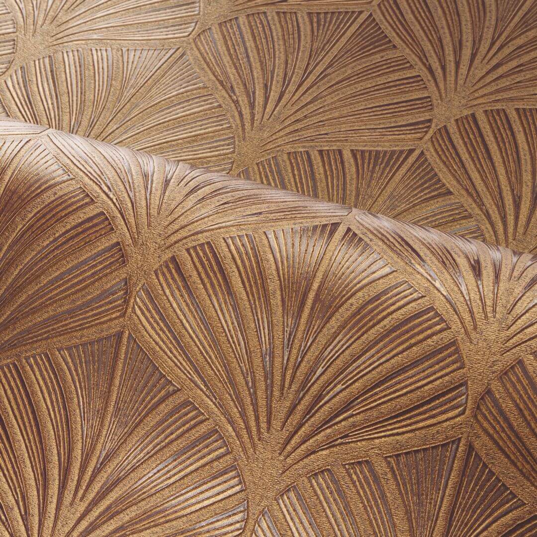 Metallic structural wallpaper with a plant motif of NEREIDES leaves - AUBERGINE/DORÉ brown with gold