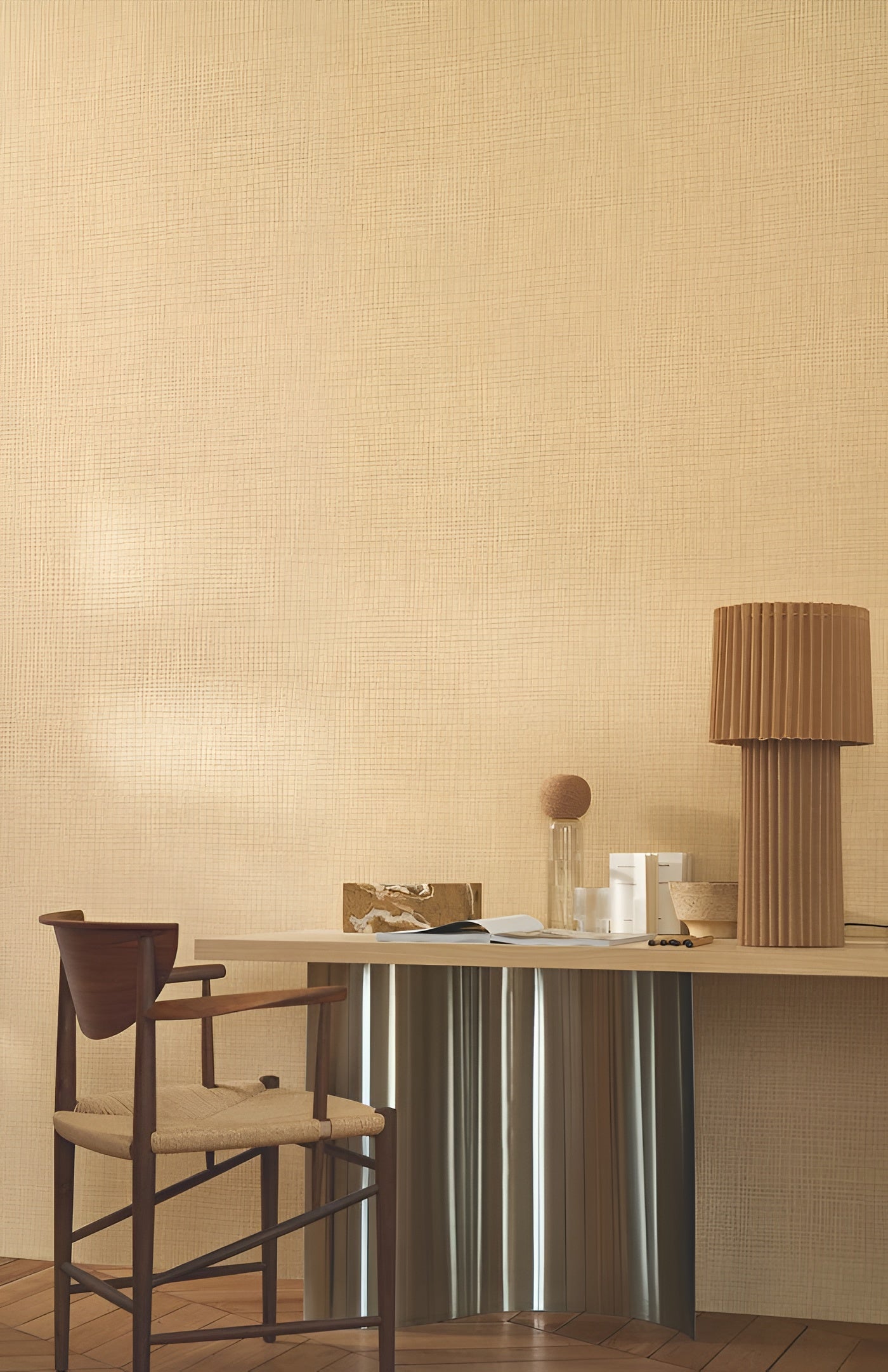 Structural vinyl wallpaper imitating woven raffia SIERRA - CURRY yellow-orange