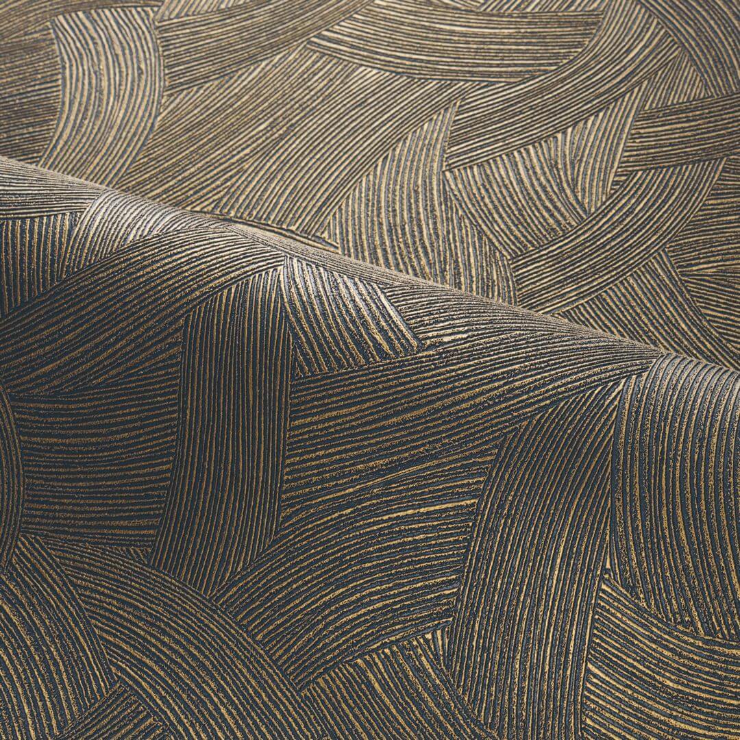 Metallic wallpaper BERENICE - MARINE/DORÉ dark brown with gold