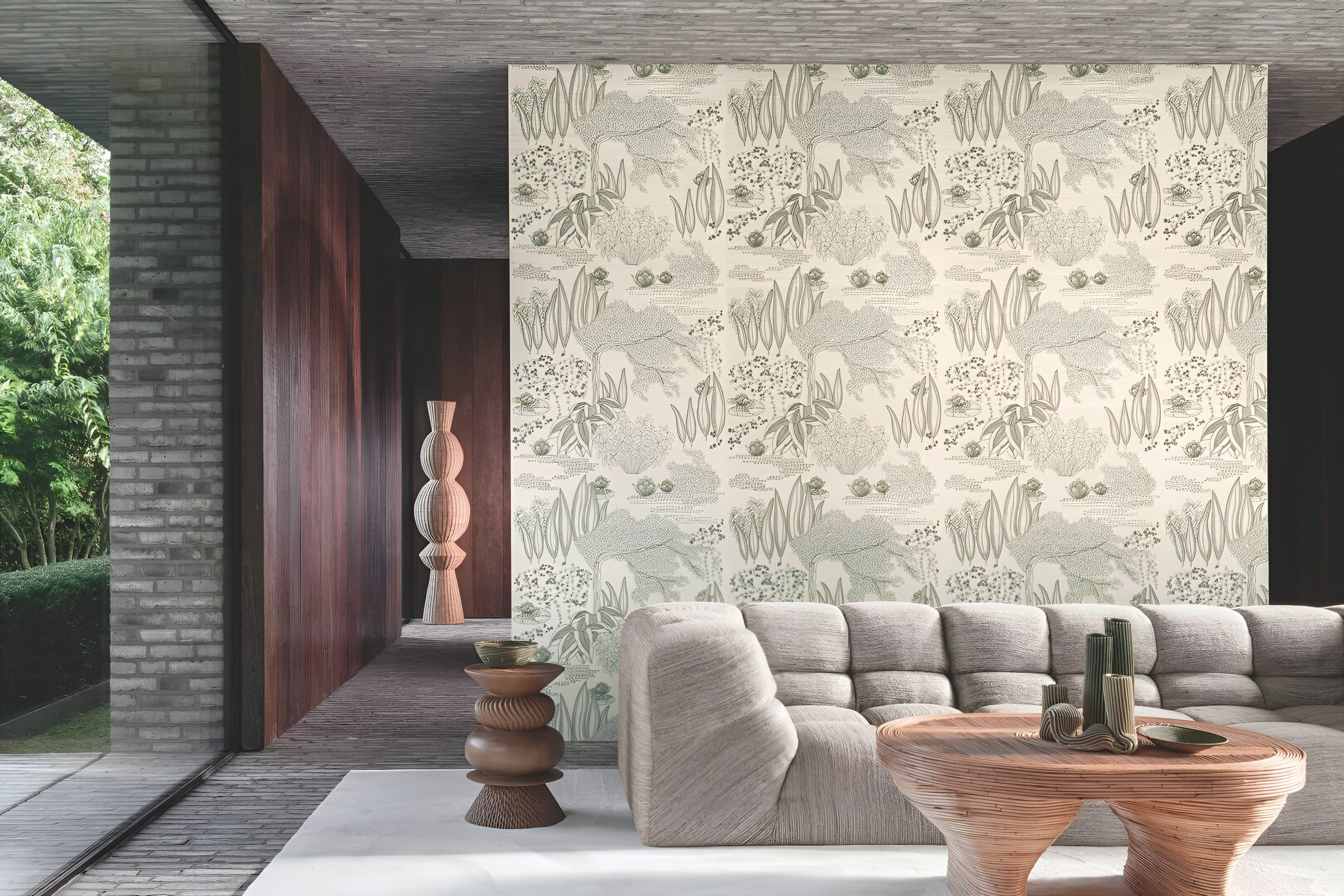 Plant fiber wallpaper with a plant motif HASU - IVORY GREEN GRAY ivory with green