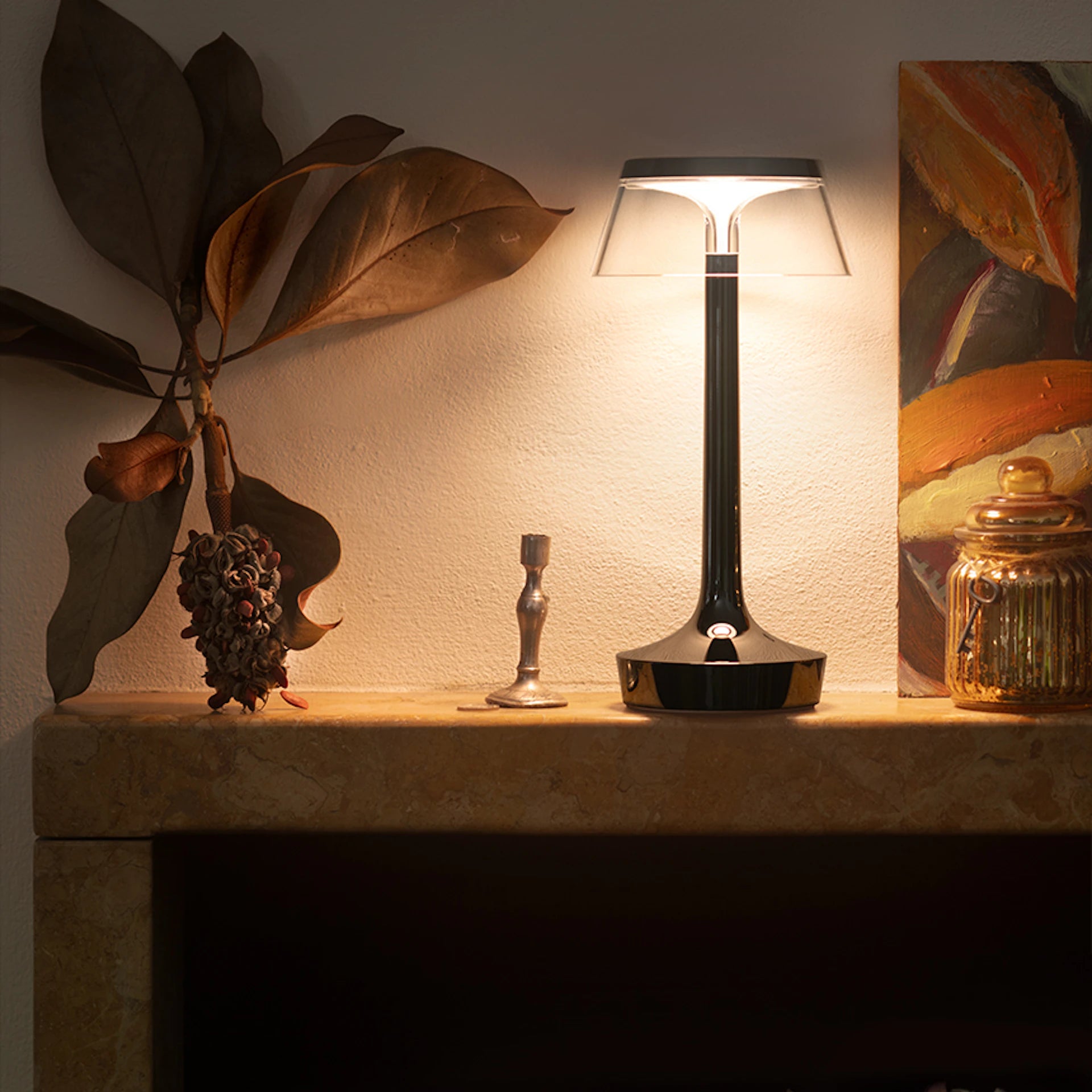 Portable lamp BON JOUR UNPLUGGED black chrome with transparent shade