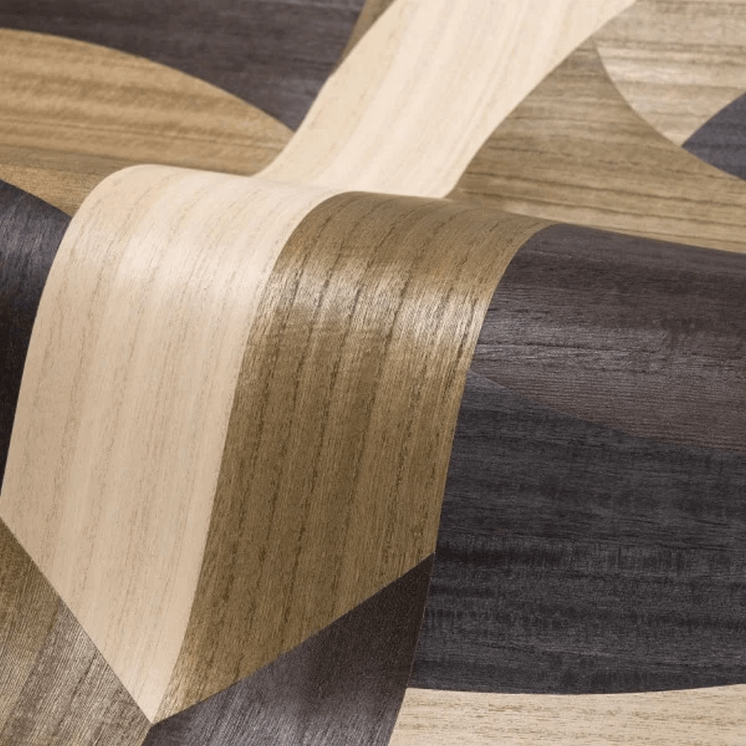Faux veneer wallpaper with an art deco geometric pattern TRAVERSÉE - CARBONE OAK carbonized oak